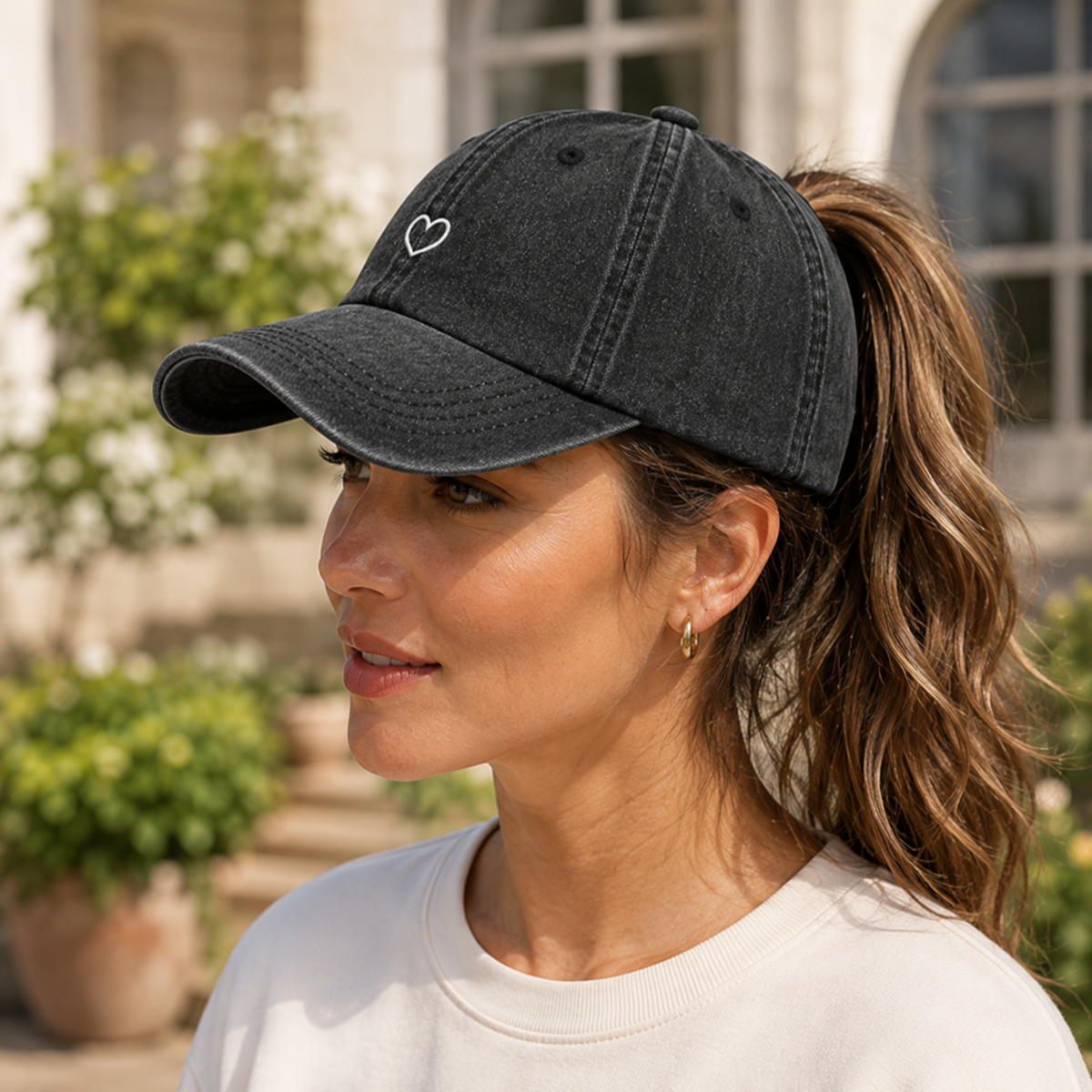 Washed Cotton Baseball Cap with Open-Back for High Ponytails & Messy Buns – Adjustable Retro Style Hat with Embroidered Heart | Thomler