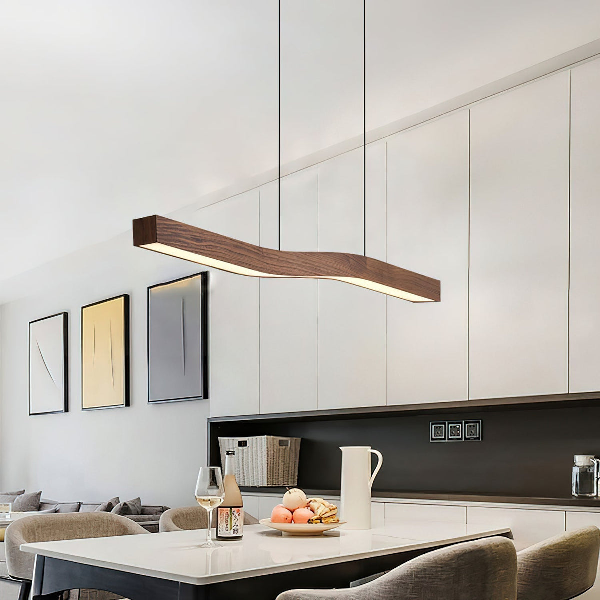 Modern Wave Pendant Light with Walnut-Finish Metal Frame & Dimmable LED for Dining Room Kitchen | Thomler