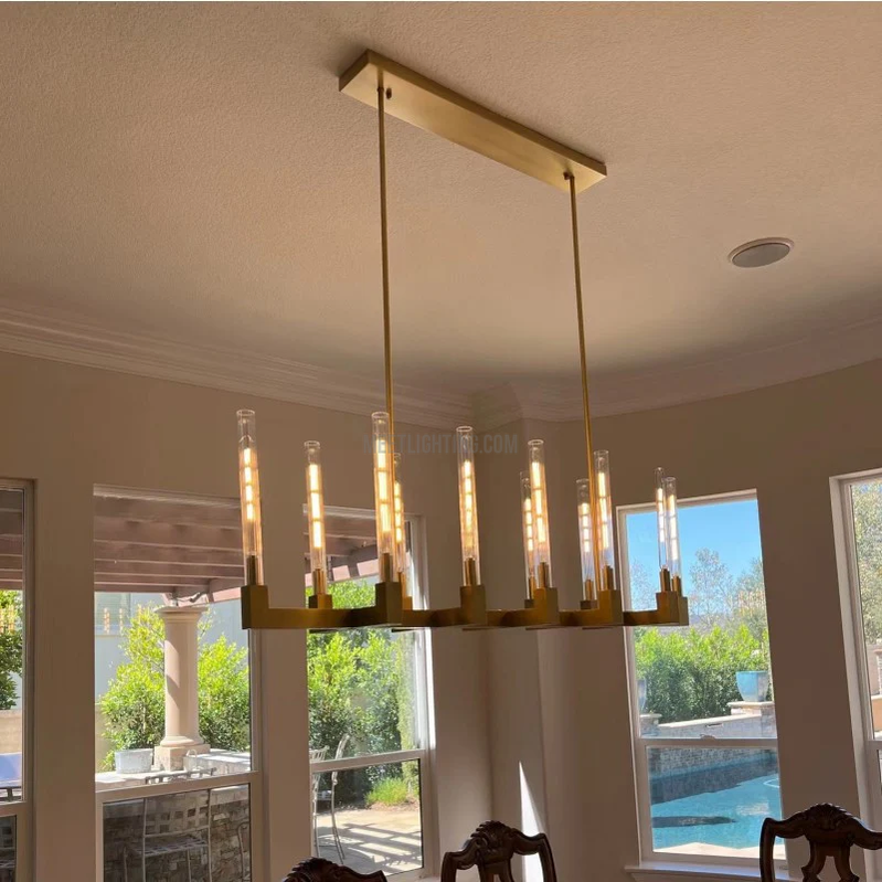 Linear Dining Room Chandelier 67 in Brass & Ribbed Glass 12-Light for Kitchen Island Entryway Foyer | Thomler