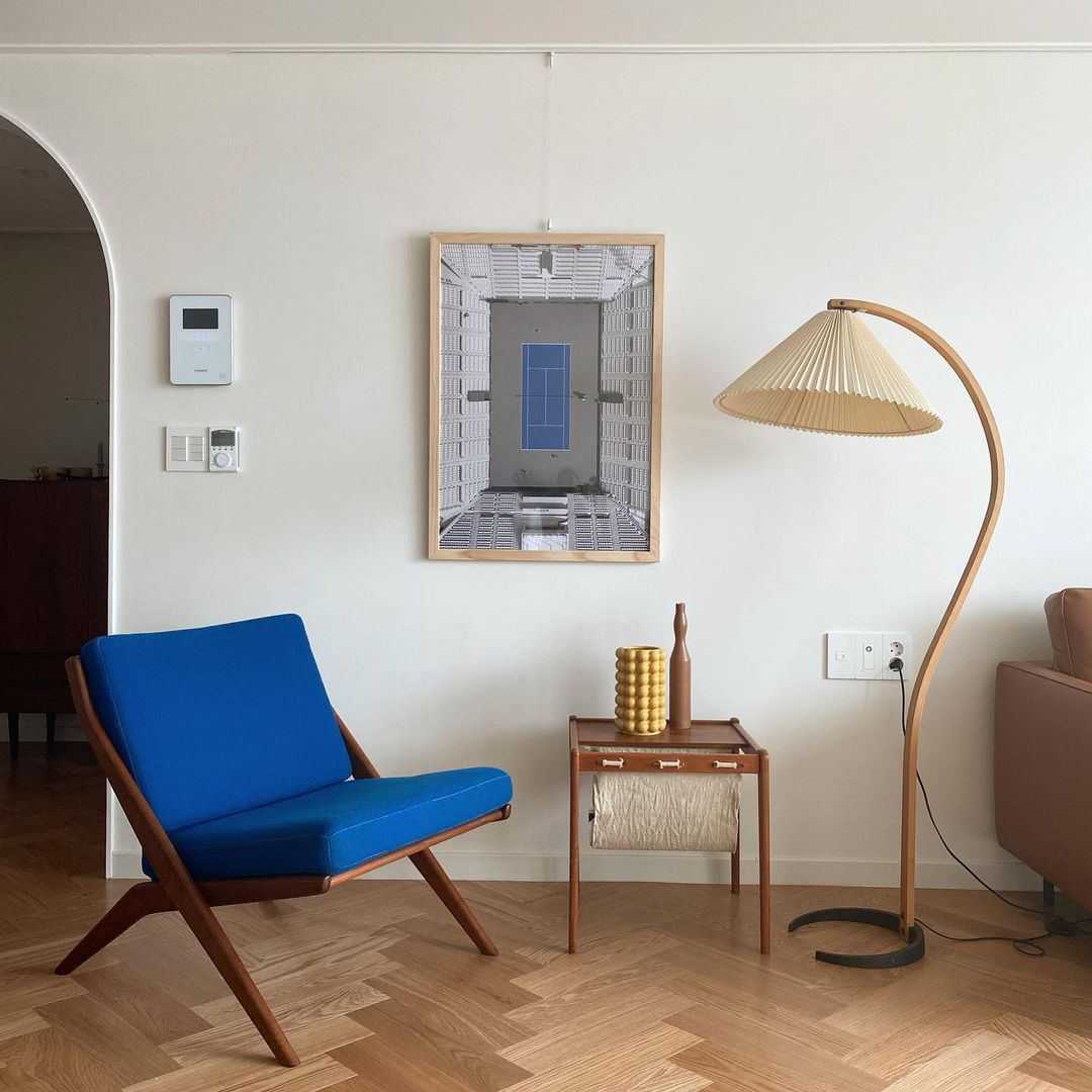 Floor Lamp Beech Wood Arc 150.0 cm Natural Living Room Reading Light Linen Shade Scandinavian Retro Lighting | Thomler