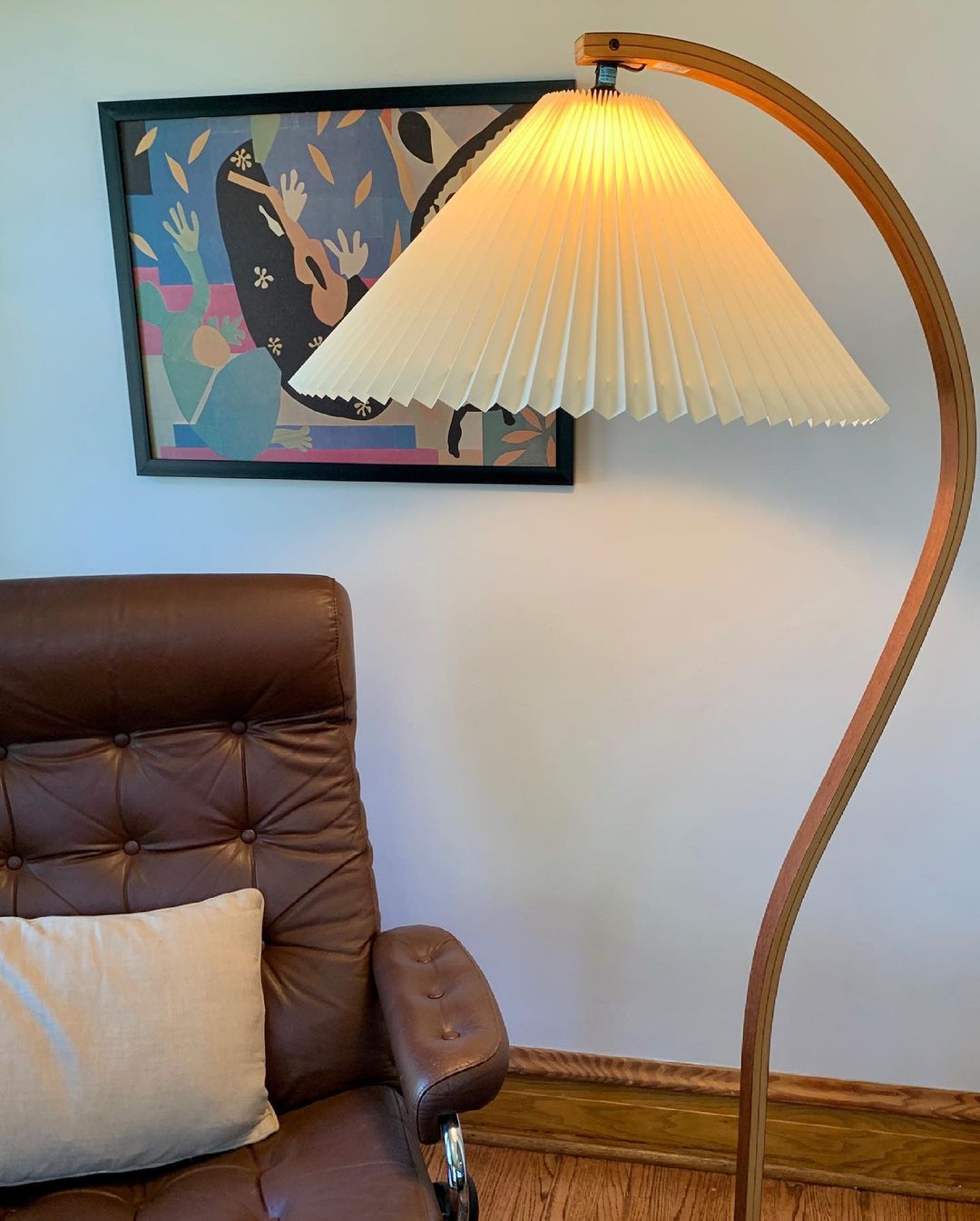 Floor Lamp Beech Wood Arc 150.0 cm Natural Living Room Reading Light Linen Shade Scandinavian Retro Lighting | Thomler