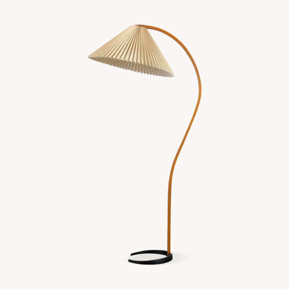 Floor Lamp Beech Wood Arc 150.0 cm Natural Living Room Reading Light Linen Shade Scandinavian Retro Lighting | Thomler