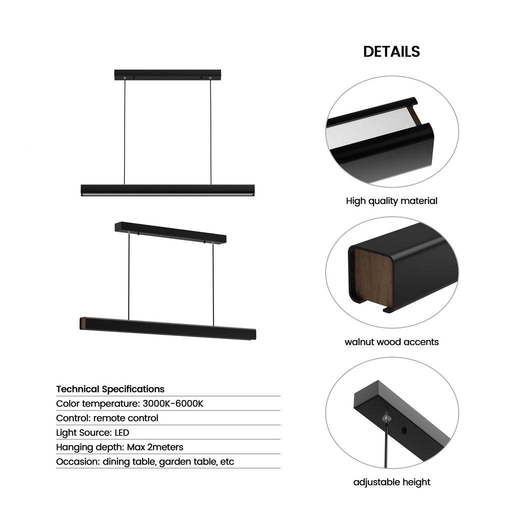 Pendant Light Aluminum Walnut Linear 31.5 in Adjustable Dining Table Kitchen Island Hanging Lamp Stepless Dimmable Modern Design | Thomler