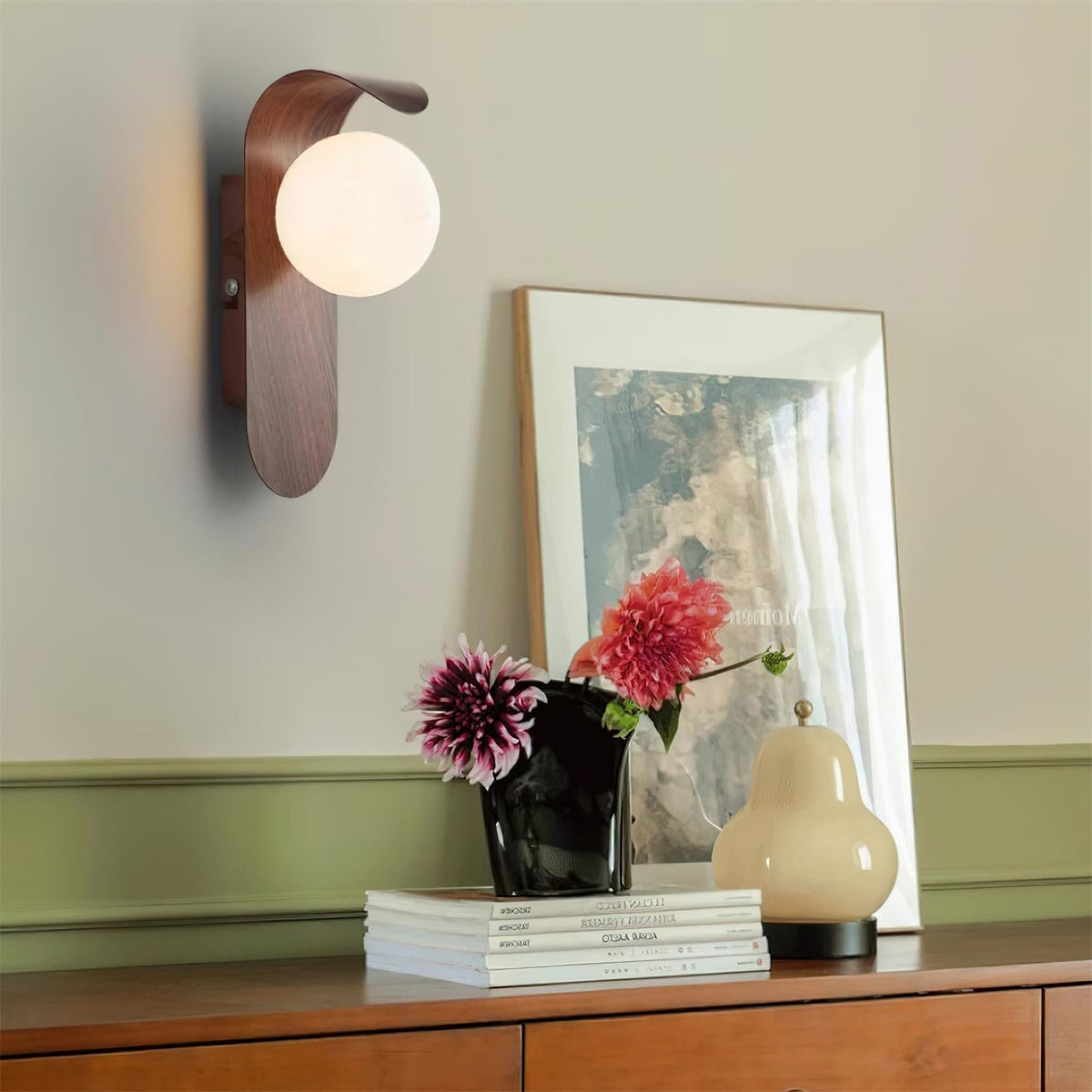 Contemporary Wood-Finish Wall Sconce with Glass or Acrylic Globe Shade for Living Room & Bedroom | Thomler