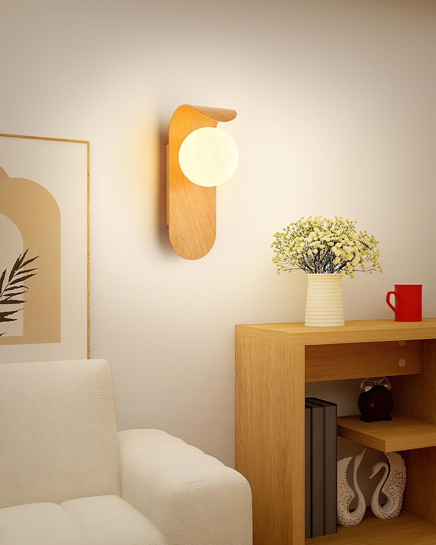 Wall Lamp Wood 9.8 in Frosted Globe White Walnut Bathroom Bedroom Ambient Lighting | Thomler