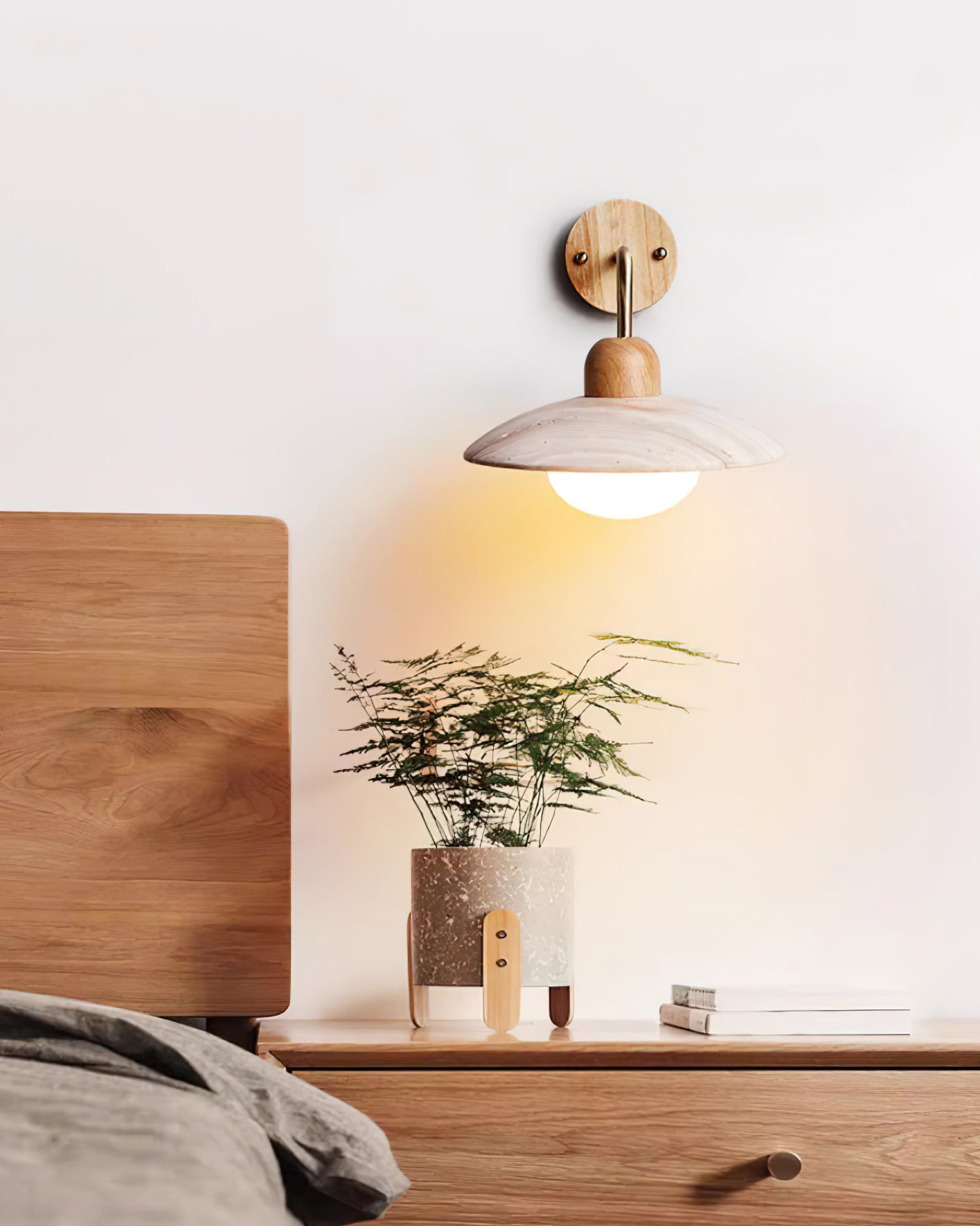 Wall Lamp Travertine Stone 9.8 in Wide Wood Brass Bedroom Bathroom Reading Lighting Fixture | Thomler