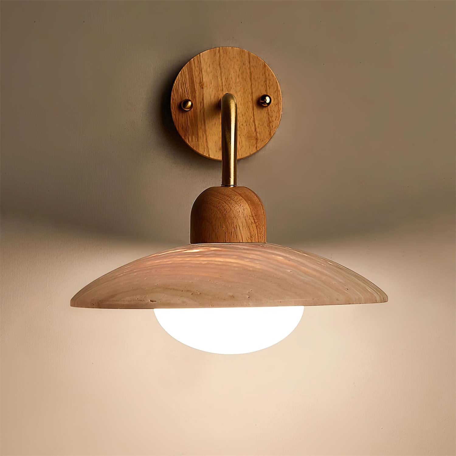 Wall Lamp Travertine Stone 9.8 in Wide Wood Brass Bedroom Bathroom Reading Lighting Fixture | Thomler