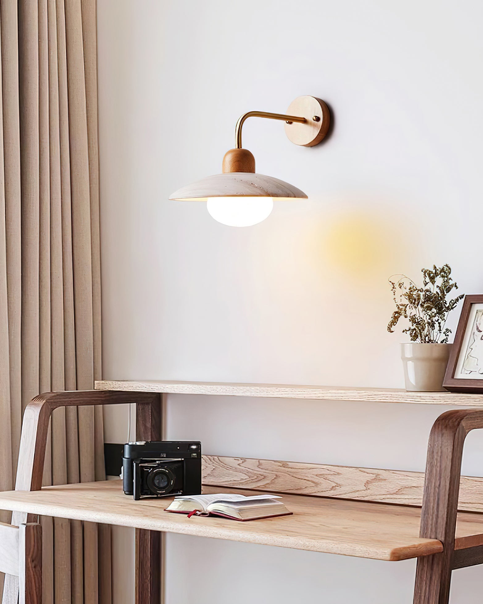 Wall Lamp Travertine Stone 9.8 in Wide Wood Brass Bedroom Bathroom Reading Lighting Fixture | Thomler