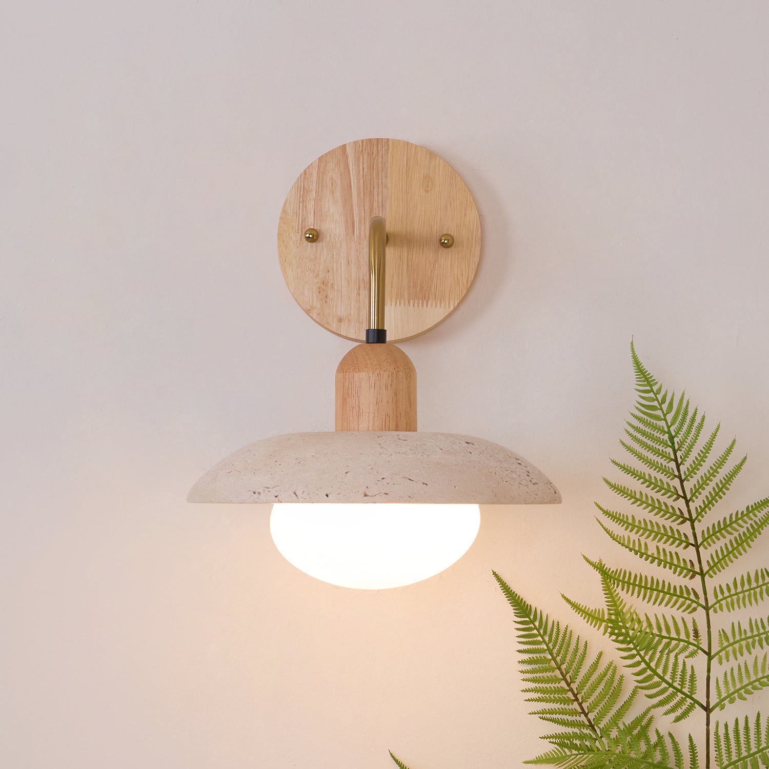 Wall Lamp Travertine Stone 9.8 in Wide Wood Brass Bedroom Bathroom Reading Lighting Fixture | Thomler