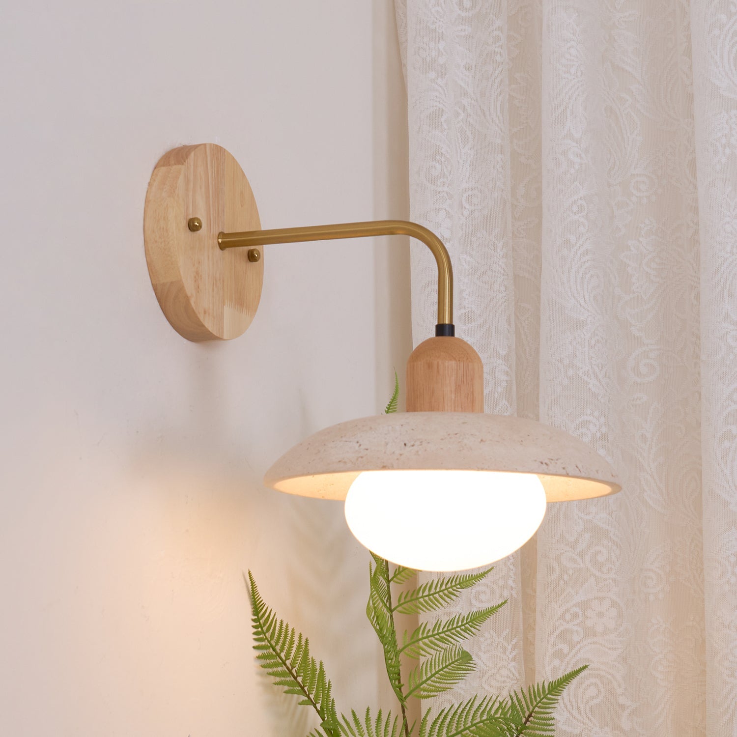 Wall Lamp Travertine Stone 9.8 in Wide Wood Brass Bedroom Bathroom Reading Lighting Fixture | Thomler