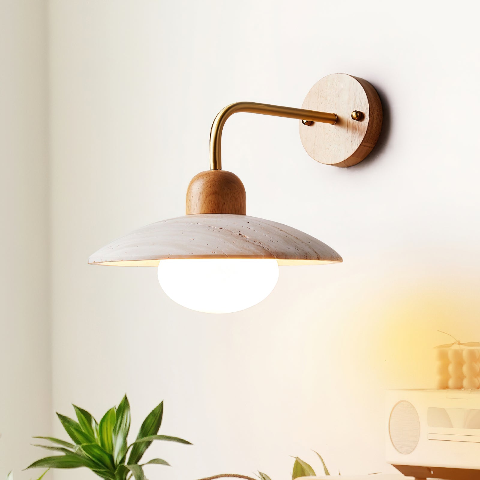Wall Lamp Travertine Stone 9.8 in Wide Wood Brass Bedroom Bathroom Reading Lighting Fixture | Thomler