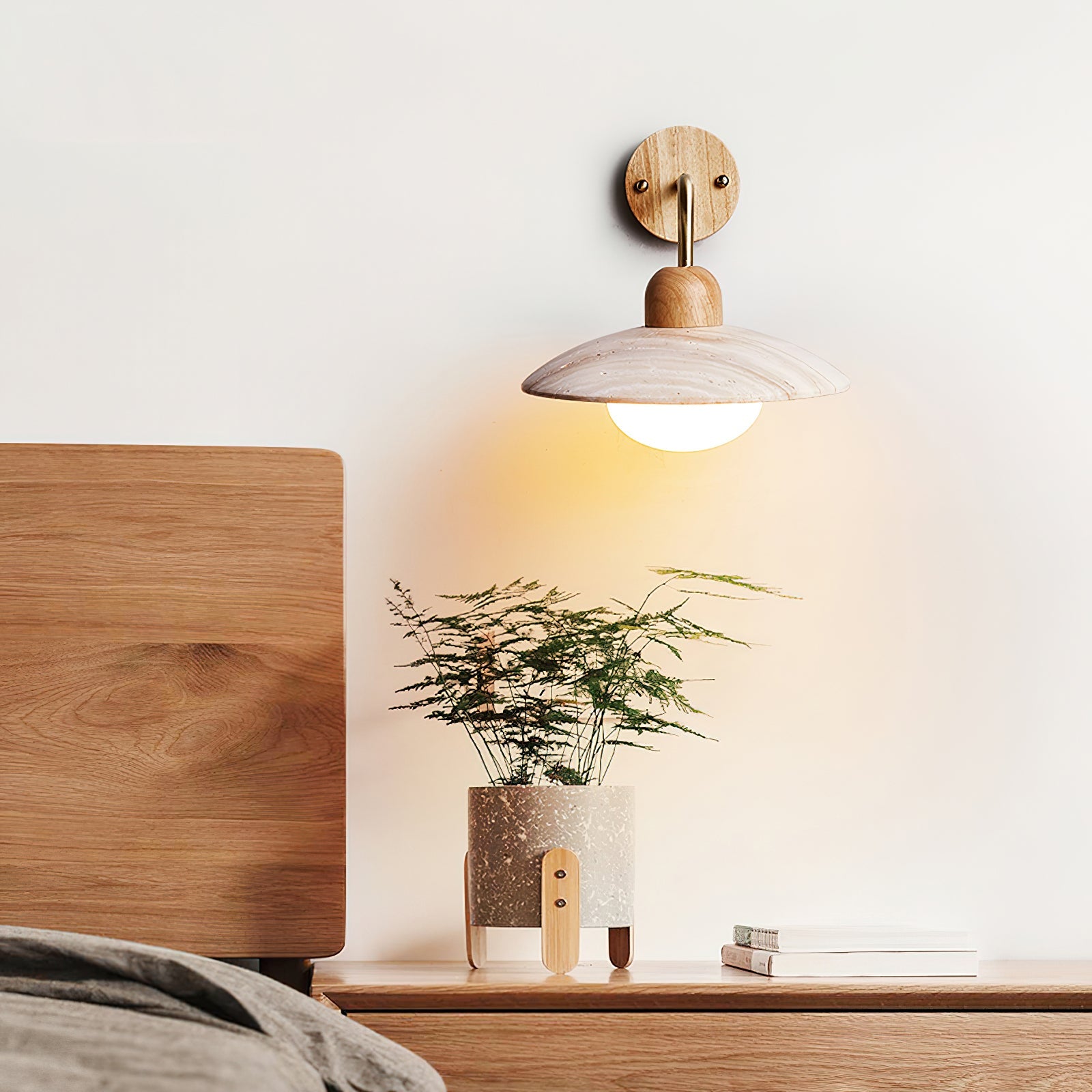 Wall Lamp Travertine Stone 9.8 in Wide Wood Brass Bedroom Bathroom Reading Lighting Fixture | Thomler
