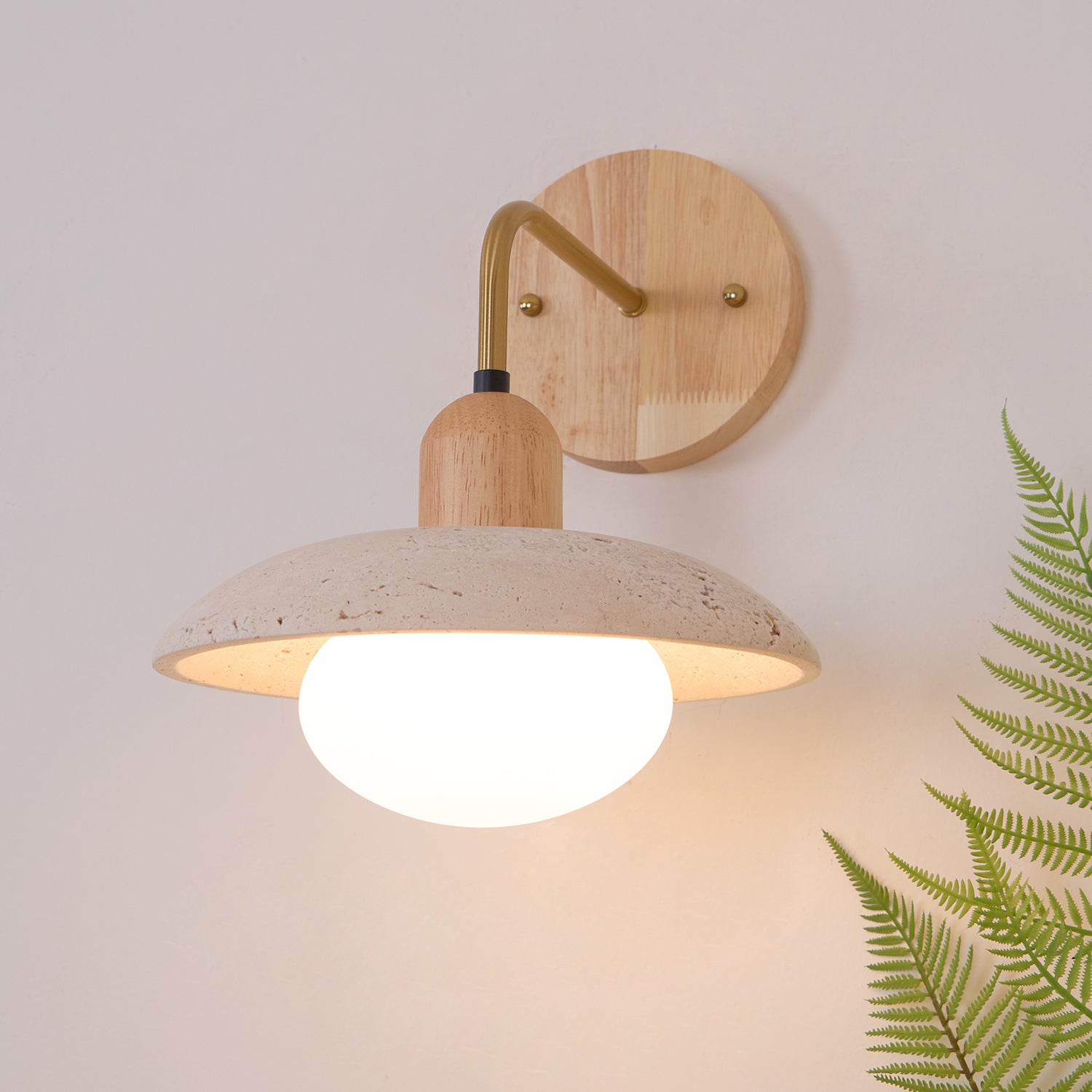 Wall Lamp Travertine Stone 9.8 in Wide Wood Brass Bedroom Bathroom Reading Lighting Fixture | Thomler