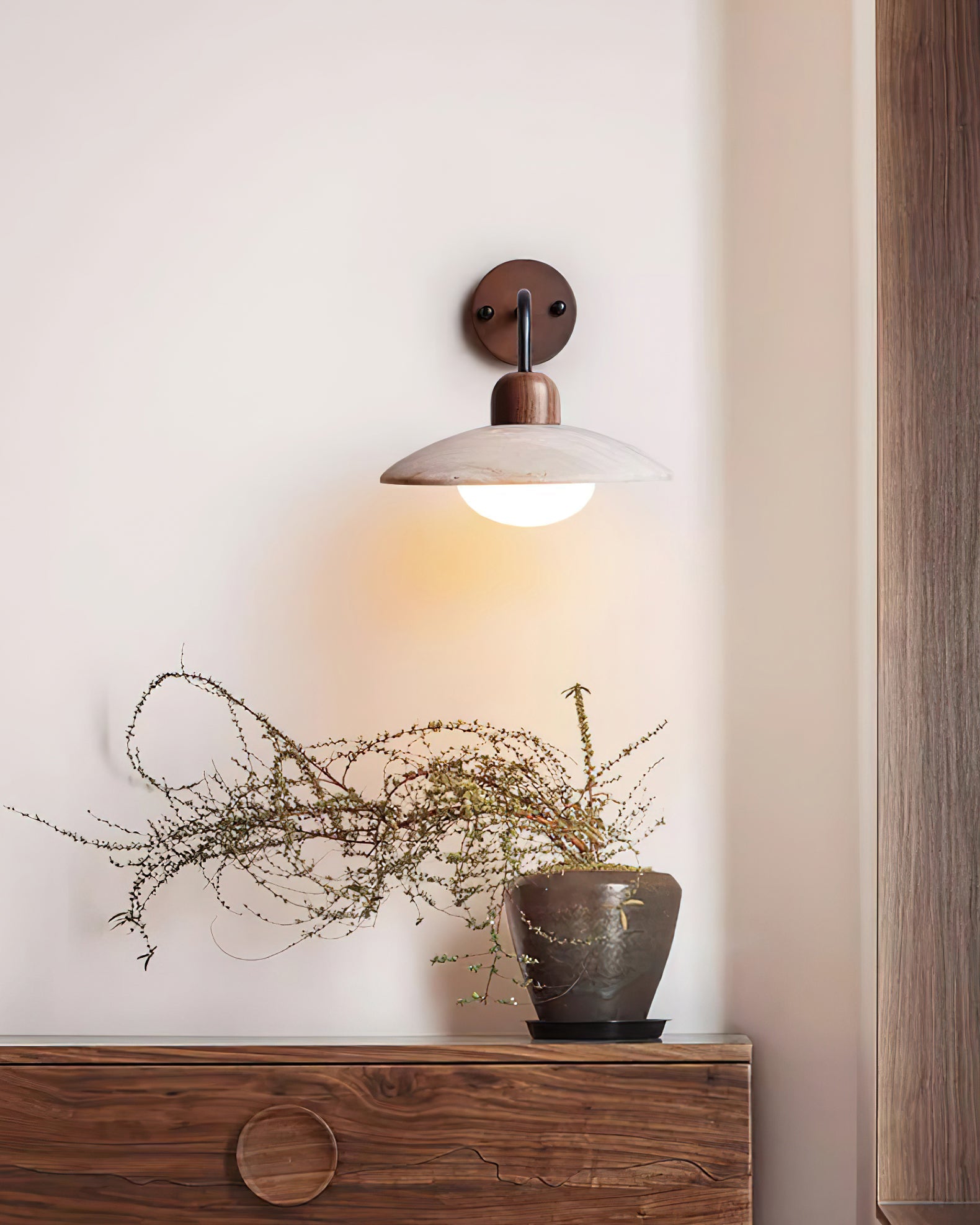 Wall Lamp Travertine Stone 9.8 in Wide Wood Brass Bedroom Bathroom Reading Lighting Fixture | Thomler