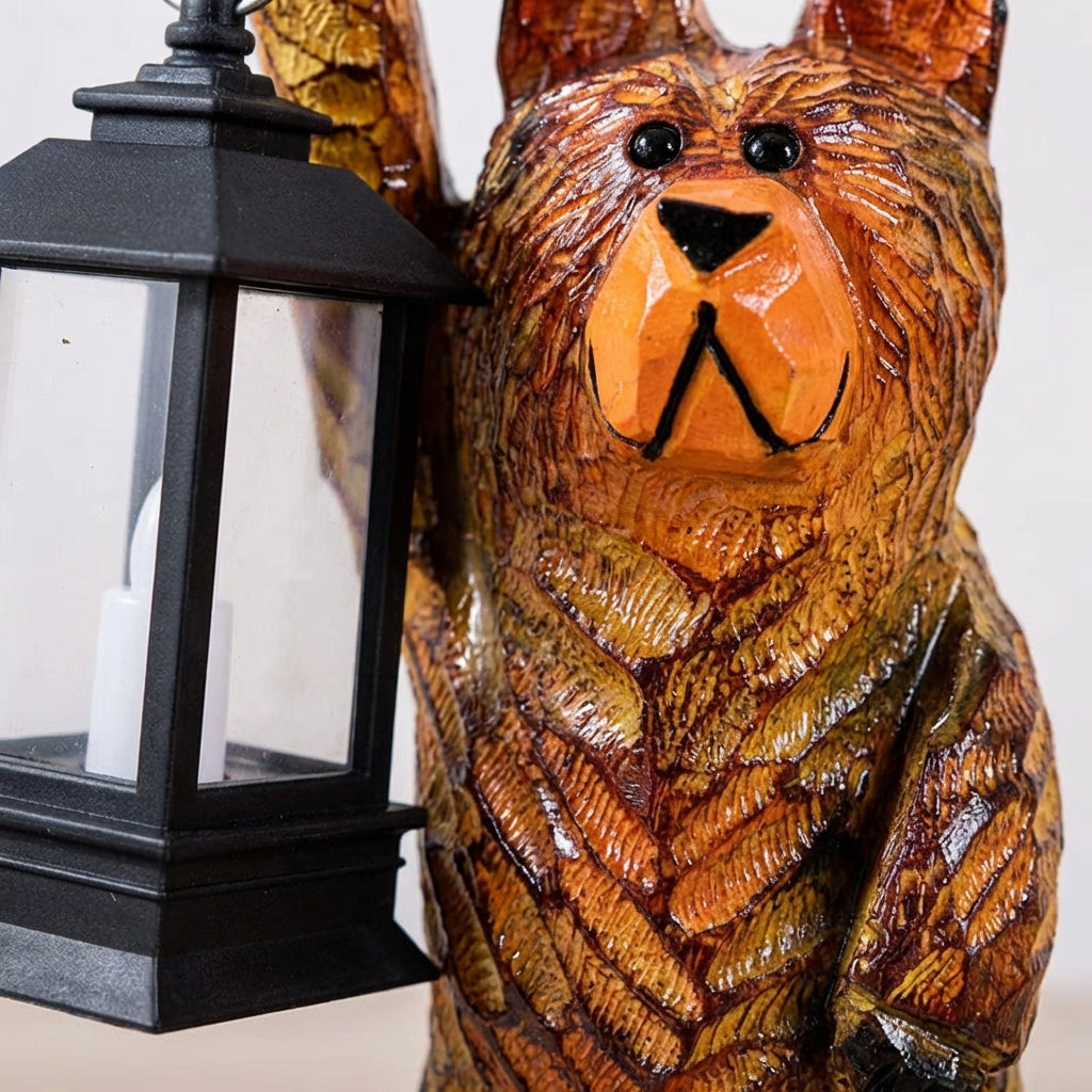 Solar Bear Figurine with Flickering LED Lantern for Outdoor Garden Decor, Rustic Woodland Statue for Front Porch, Pathway Lighting | Thomler