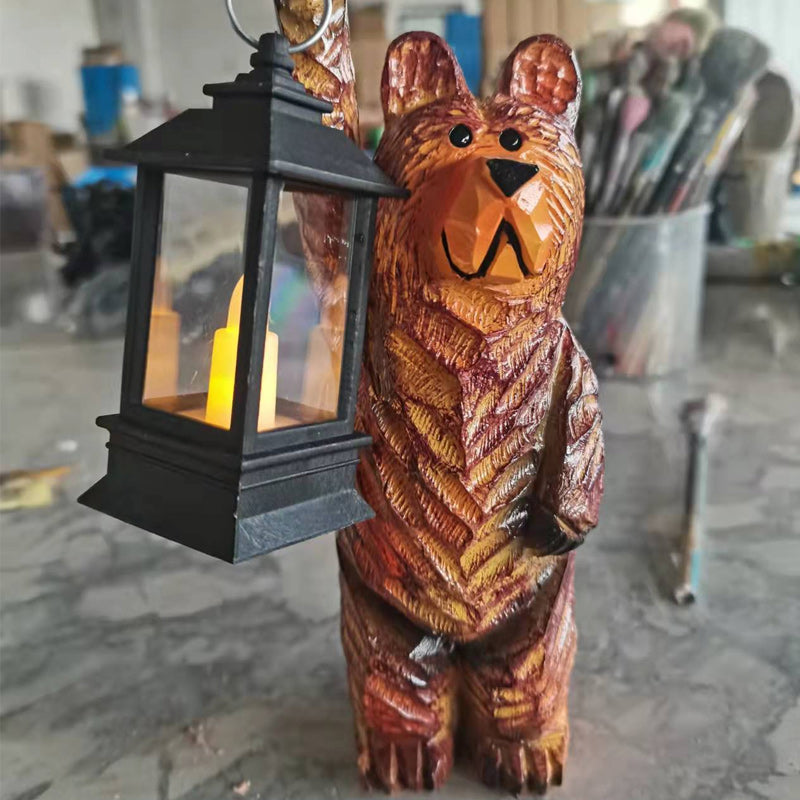 Solar Bear Figurine with Flickering LED Lantern for Outdoor Garden Decor, Rustic Woodland Statue for Front Porch, Pathway Lighting | Thomler