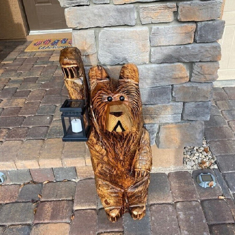 Solar Bear Figurine with Flickering LED Lantern for Outdoor Garden Decor, Rustic Woodland Statue for Front Porch, Pathway Lighting | Thomler