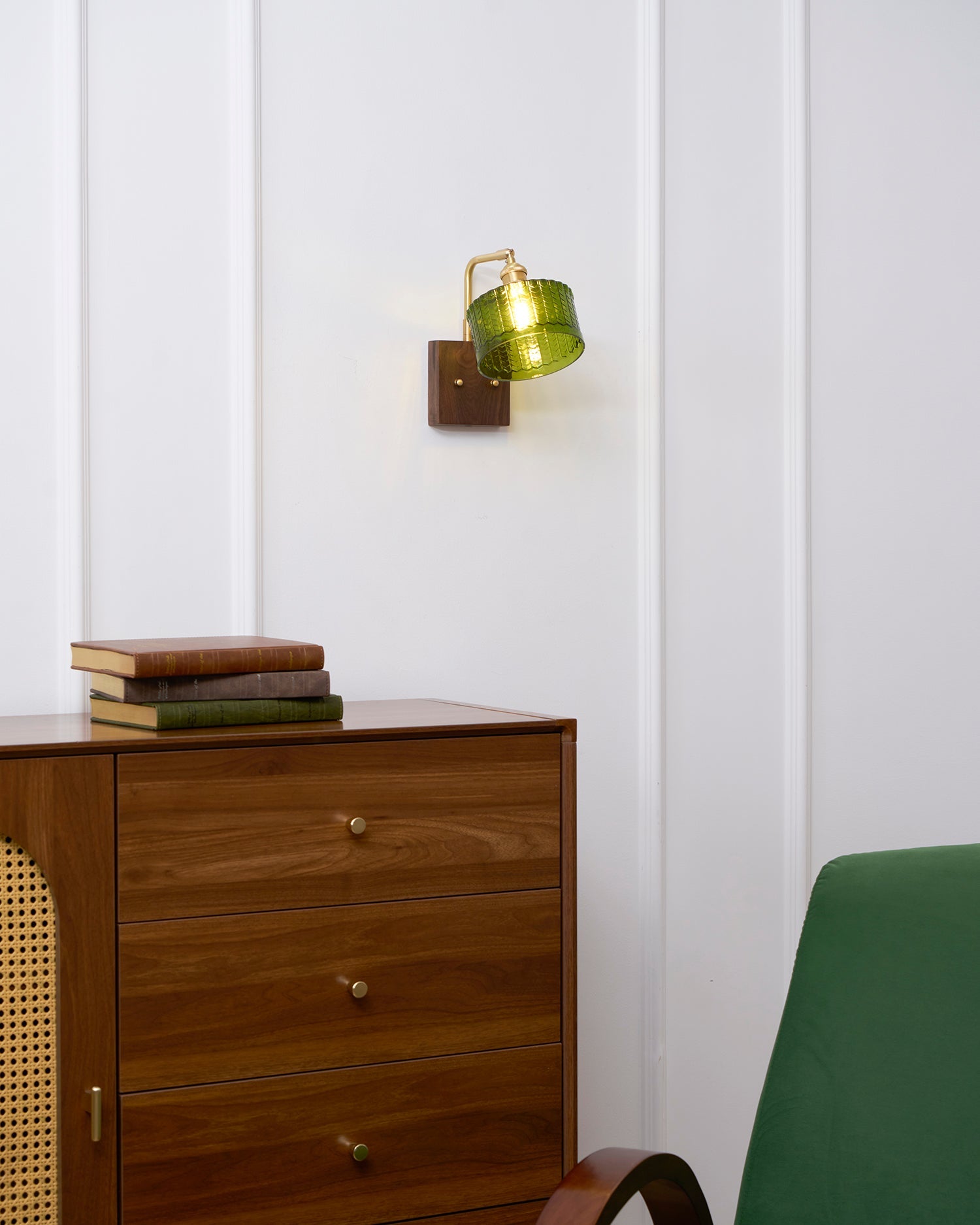 Wall Lamp Wood And Brass 9.4 in Green Glass Shade Indoor Bathroom Bedroom Accent Light | Thomler