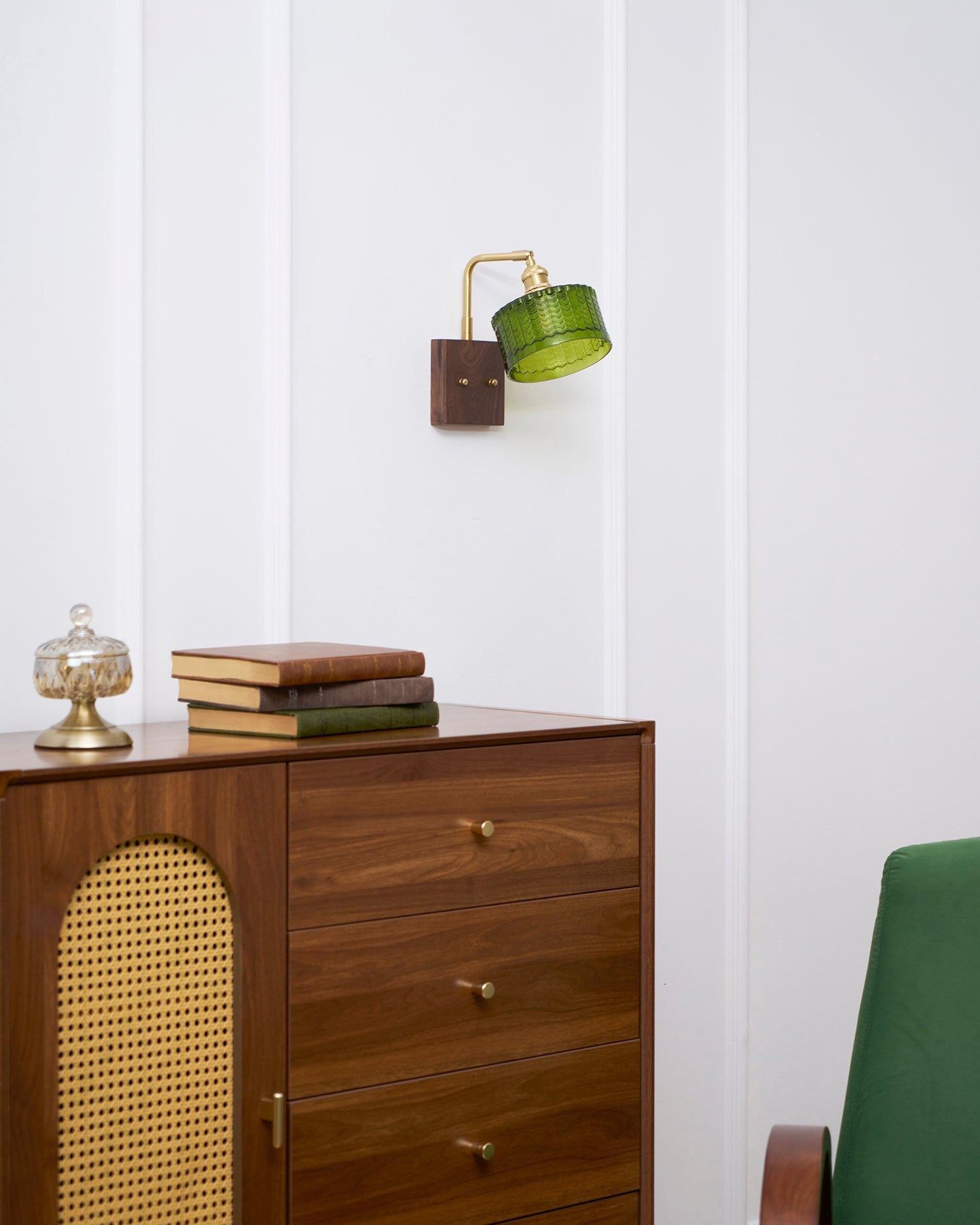 Wall Lamp Wood And Brass 9.4 in Green Glass Shade Indoor Bathroom Bedroom Accent Light | Thomler