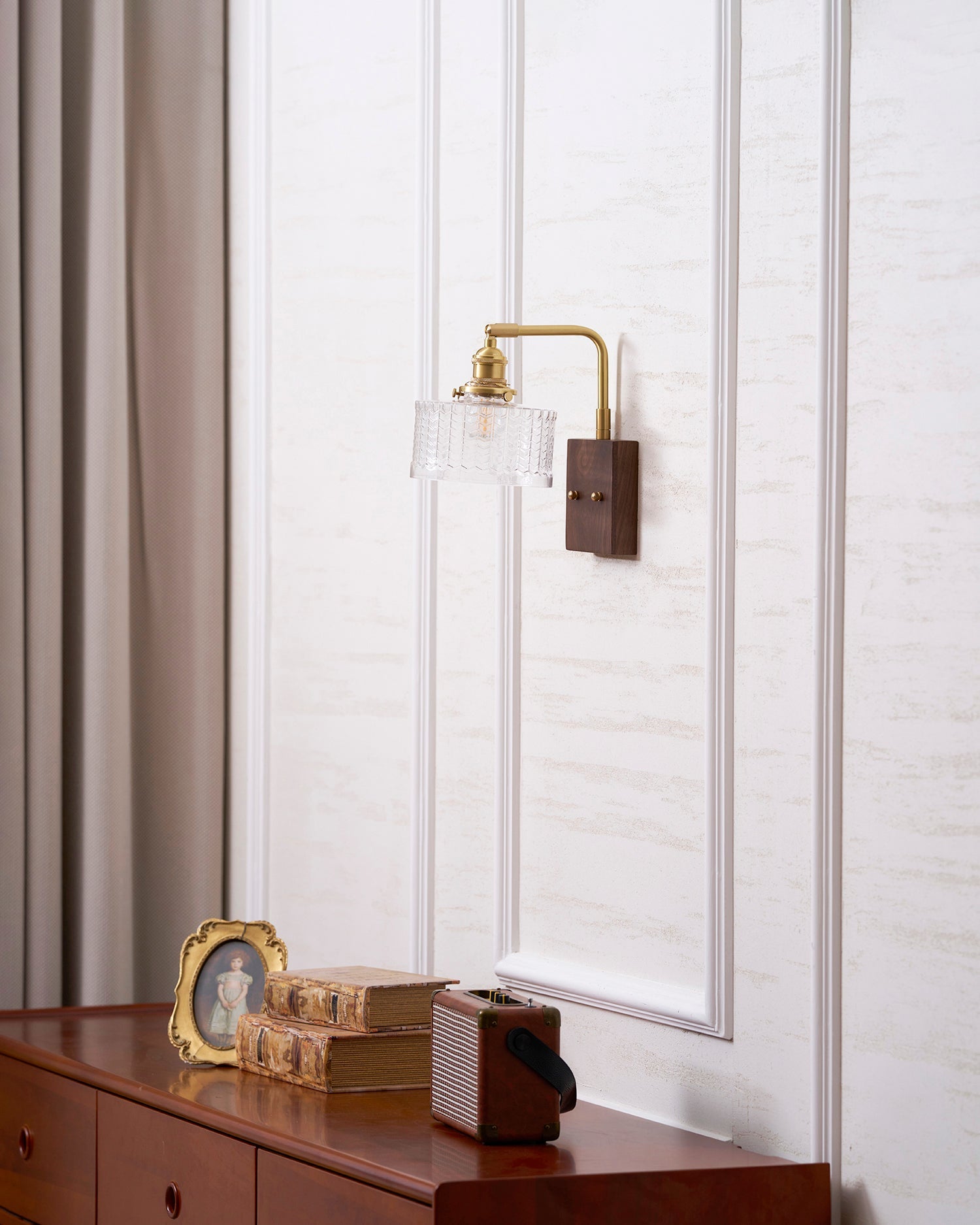 Wall Lamp Wood And Brass 9.4 in Green Glass Shade Indoor Bathroom Bedroom Accent Light | Thomler