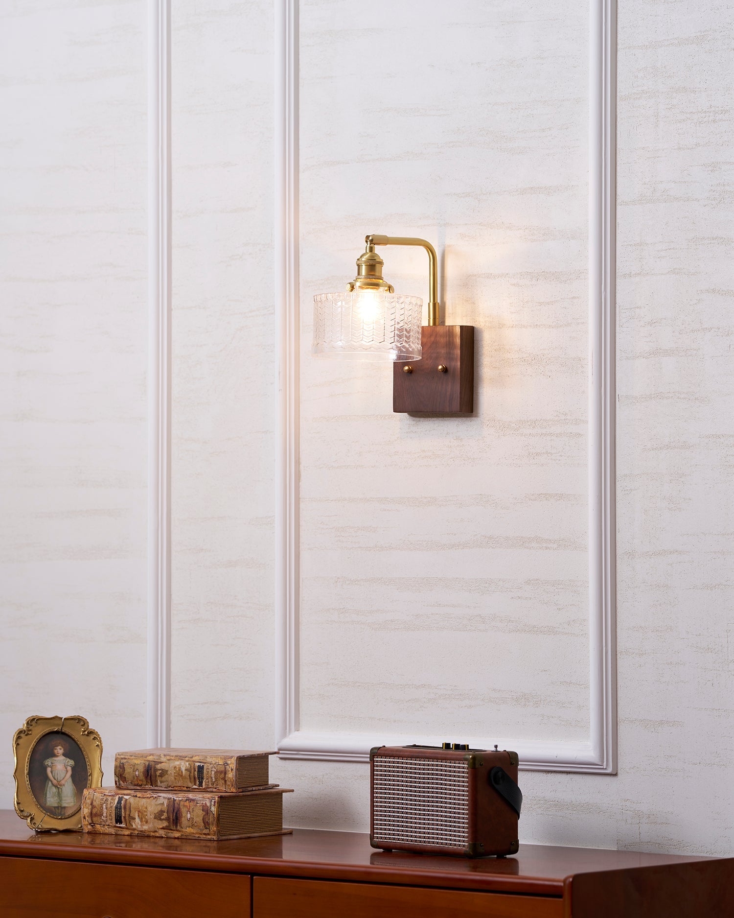 Wall Lamp Wood And Brass 9.4 in Green Glass Shade Indoor Bathroom Bedroom Accent Light | Thomler