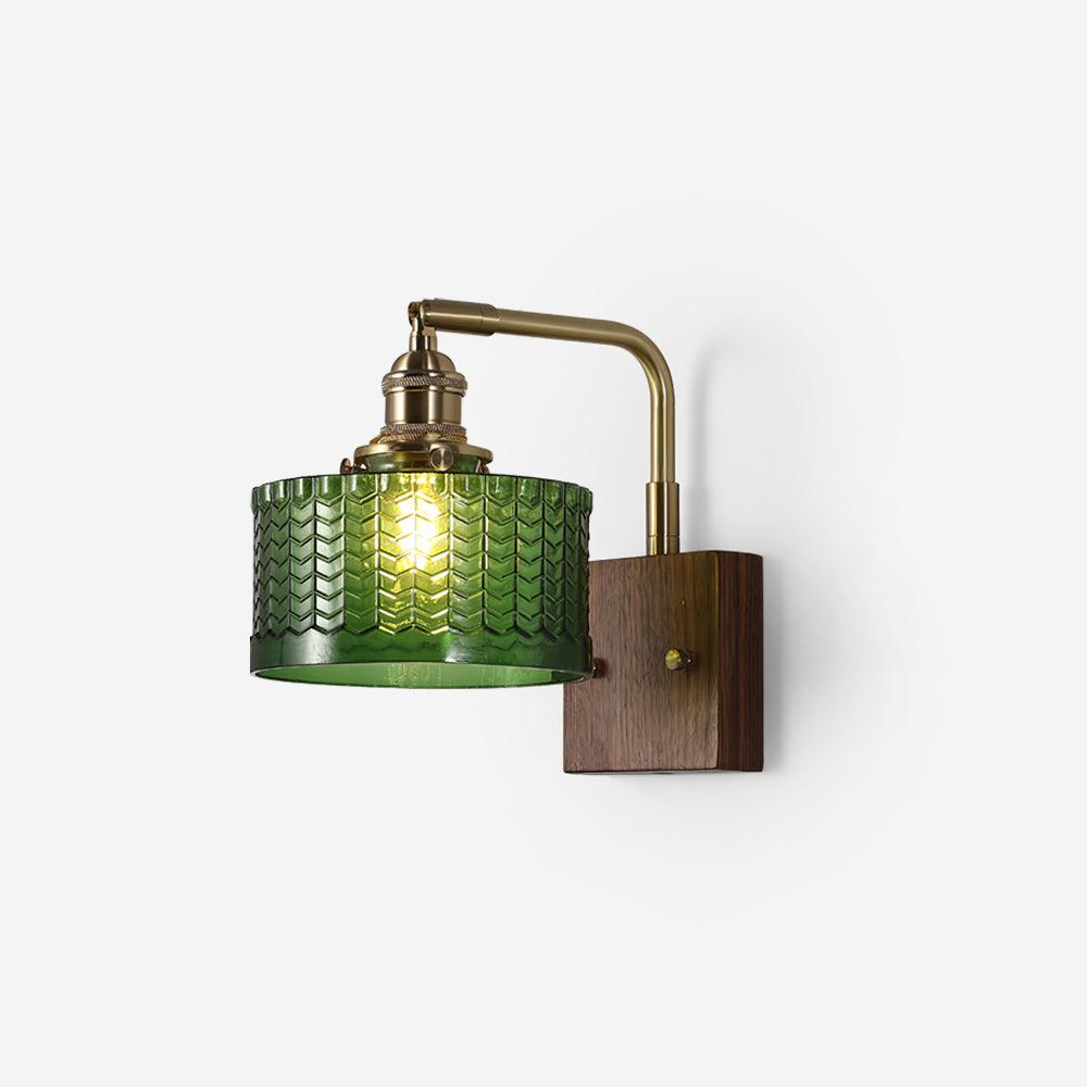 Wall Lamp Wood And Brass 9.4 in Green Glass Shade Indoor Bathroom Bedroom Accent Light | Thomler