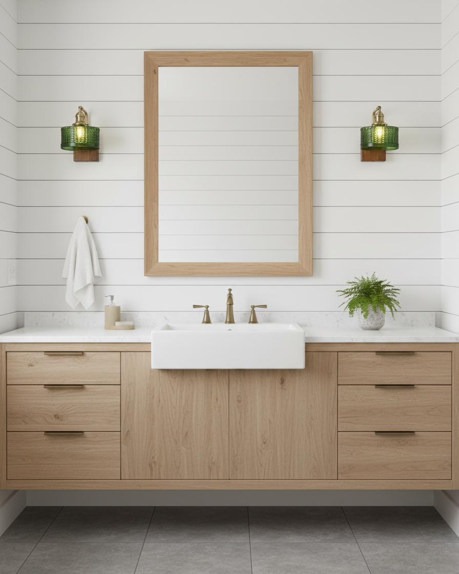 Wall Lamp Wood And Brass 9.4 in Green Glass Shade Indoor Bathroom Bedroom Accent Light | Thomler