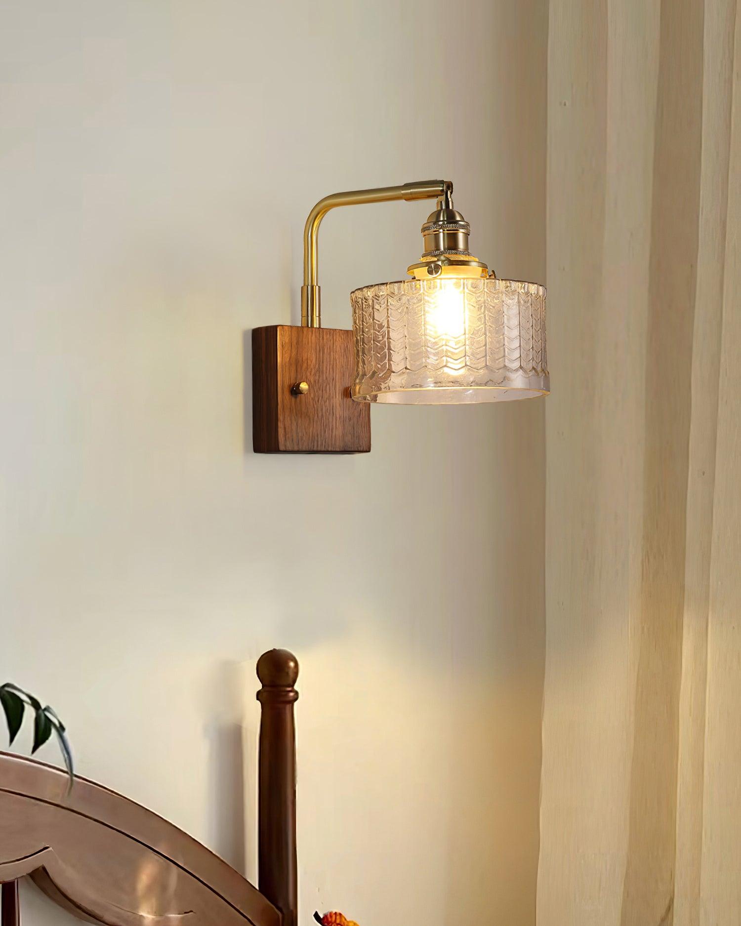 Wall Lamp Wood And Brass 9.4 in Green Glass Shade Indoor Bathroom Bedroom Accent Light | Thomler
