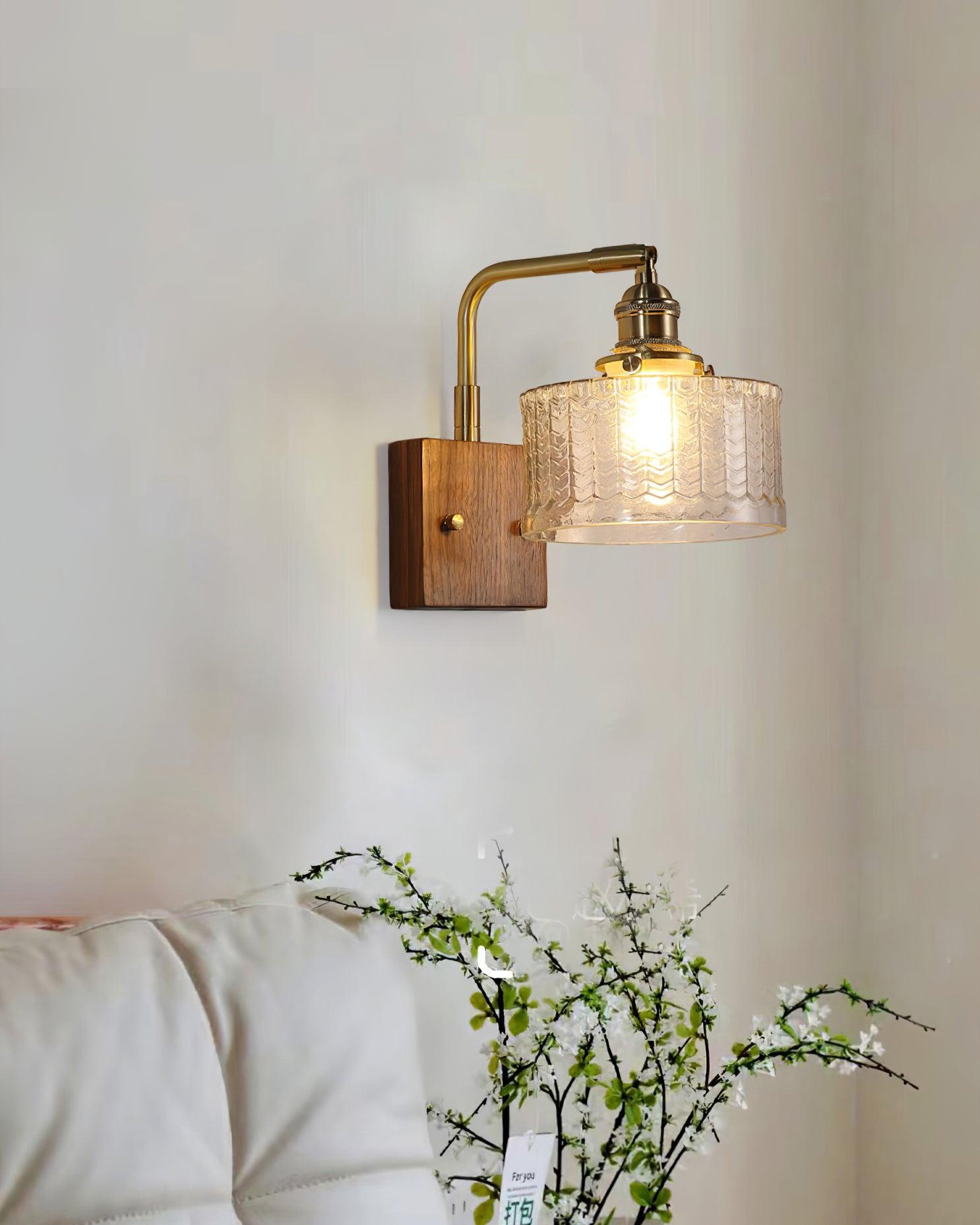 Wall Lamp Wood And Brass 9.4 in Green Glass Shade Indoor Bathroom Bedroom Accent Light | Thomler