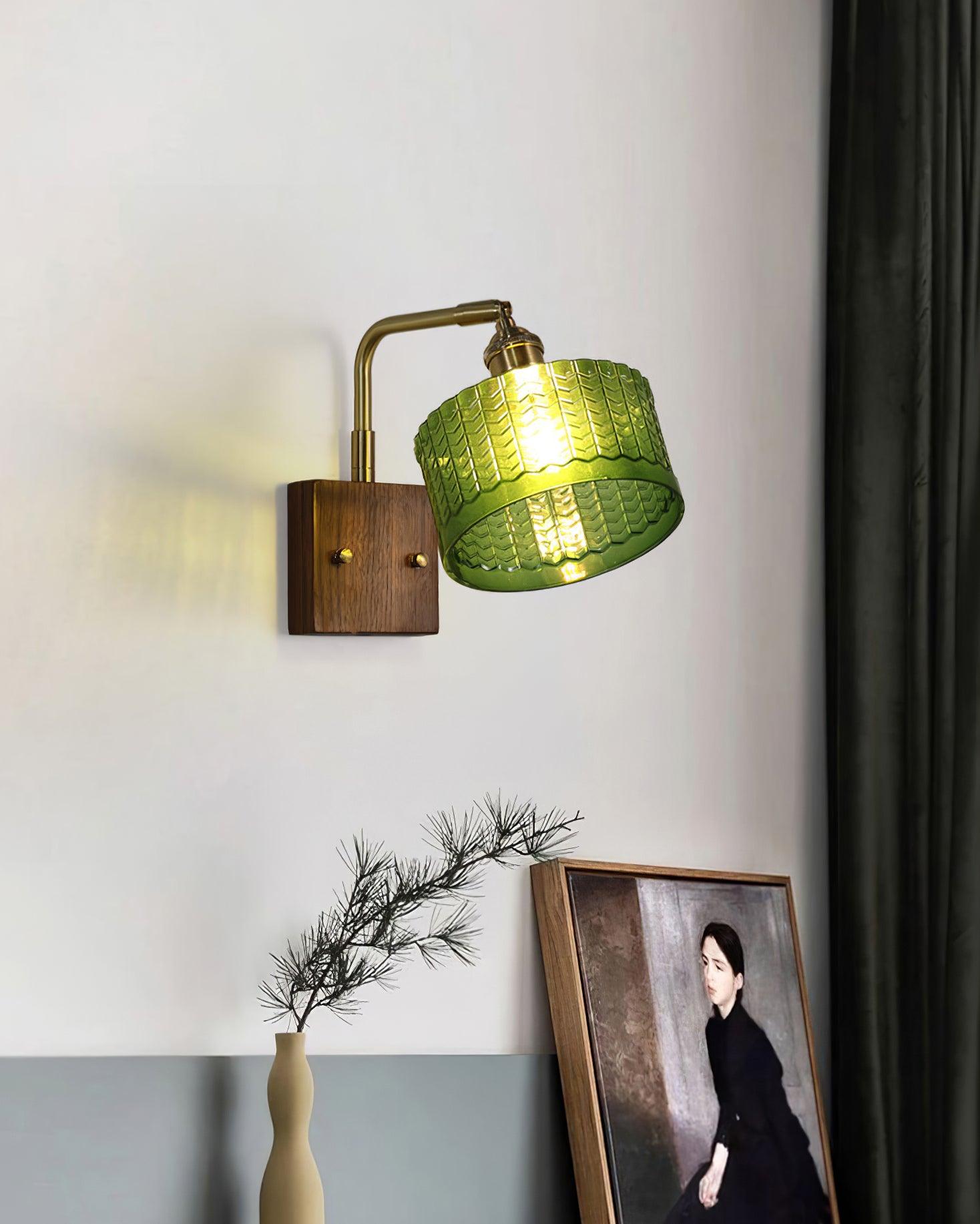 Wall Lamp Wood And Brass 9.4 in Green Glass Shade Indoor Bathroom Bedroom Accent Light | Thomler