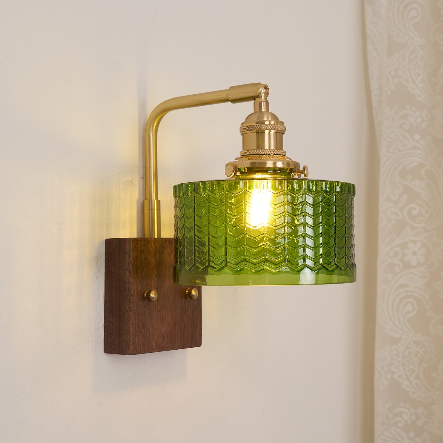 Wall Lamp Wood And Brass 9.4 in Green Glass Shade Indoor Bathroom Bedroom Accent Light | Thomler