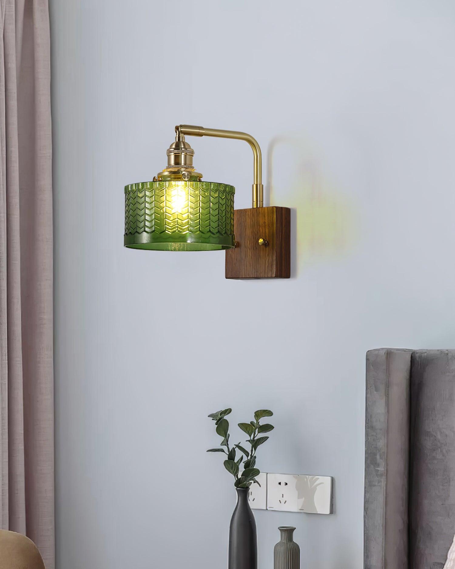 Wall Lamp Wood And Brass 9.4 in Green Glass Shade Indoor Bathroom Bedroom Accent Light | Thomler