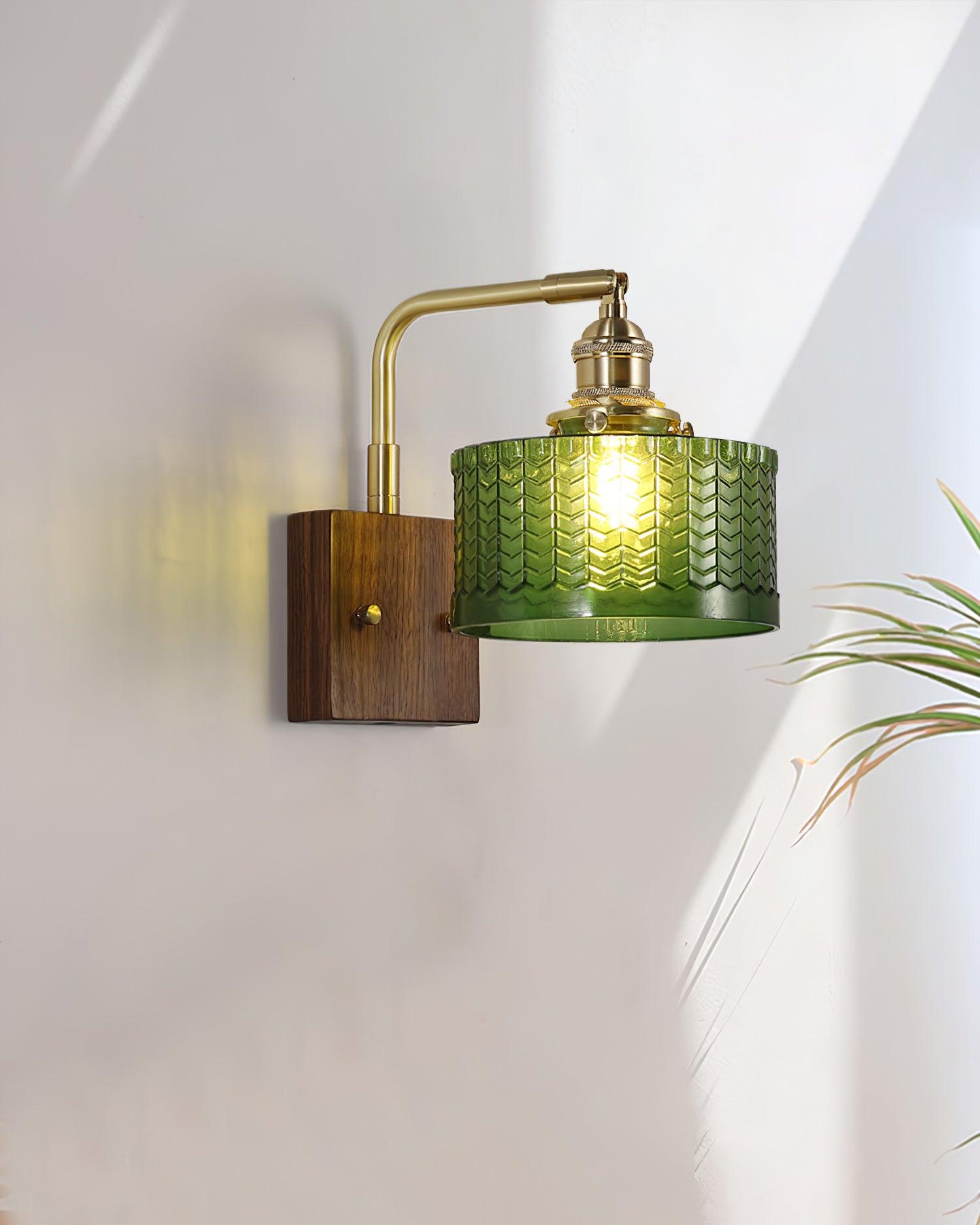 Wall Lamp Wood And Brass 9.4 in Green Glass Shade Indoor Bathroom Bedroom Accent Light | Thomler