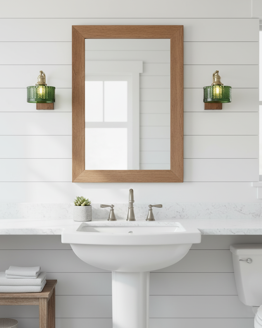 Wall Lamp Wood And Brass 9.4 in Green Glass Shade Indoor Bathroom Bedroom Accent Light | Thomler