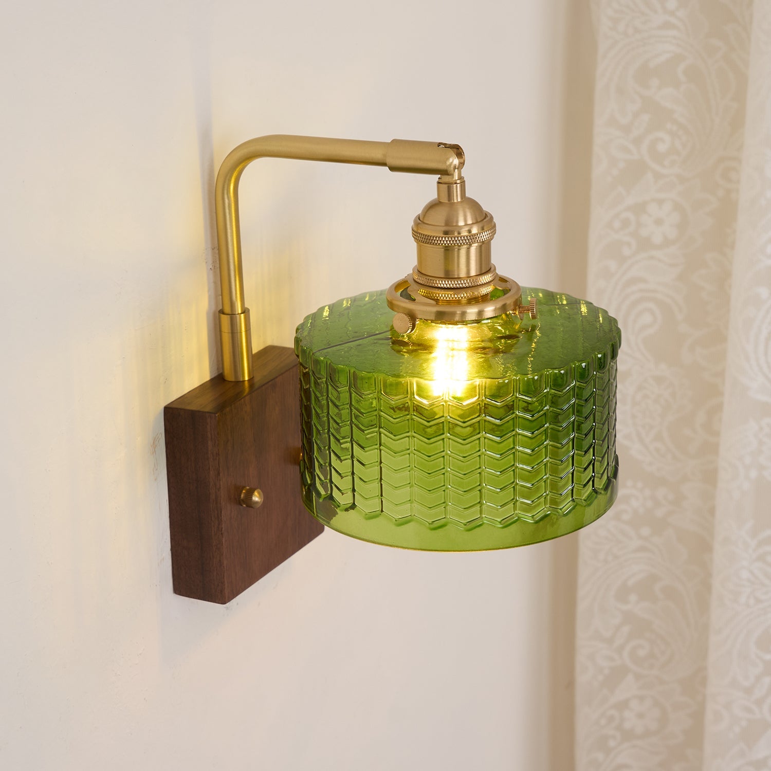 Wall Lamp Wood And Brass 9.4 in Green Glass Shade Indoor Bathroom Bedroom Accent Light | Thomler