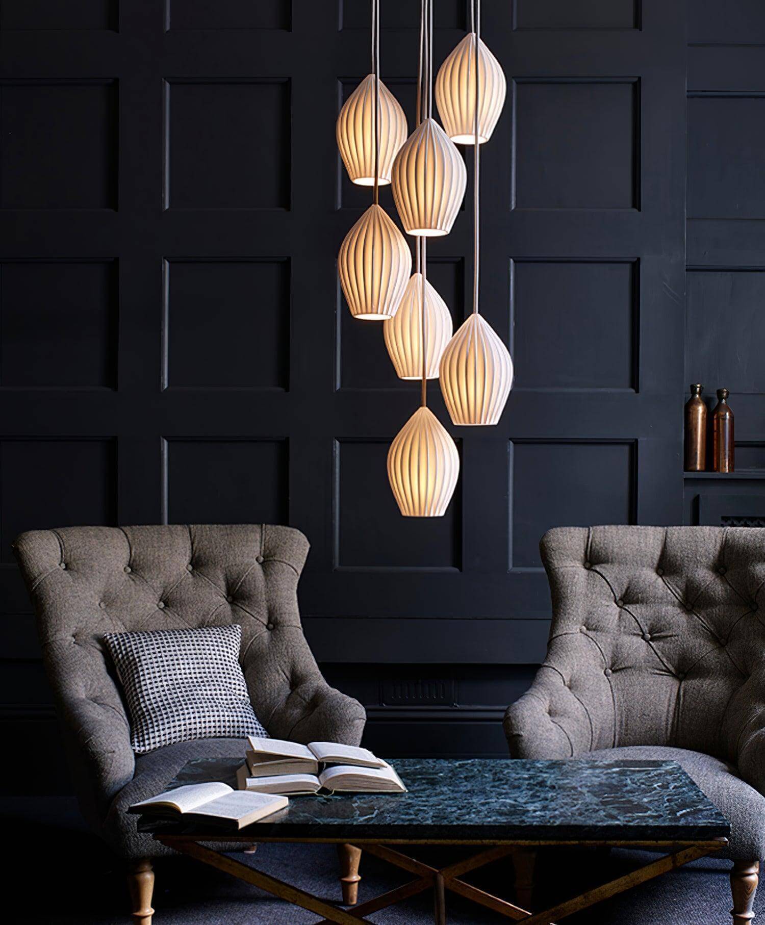 Pendant Light Ribbed Ceramic 5.1 in White Dining Room Hanging Ceiling Fixture E14 Modern Minimalist Kitchen Island Lighting | Thomler