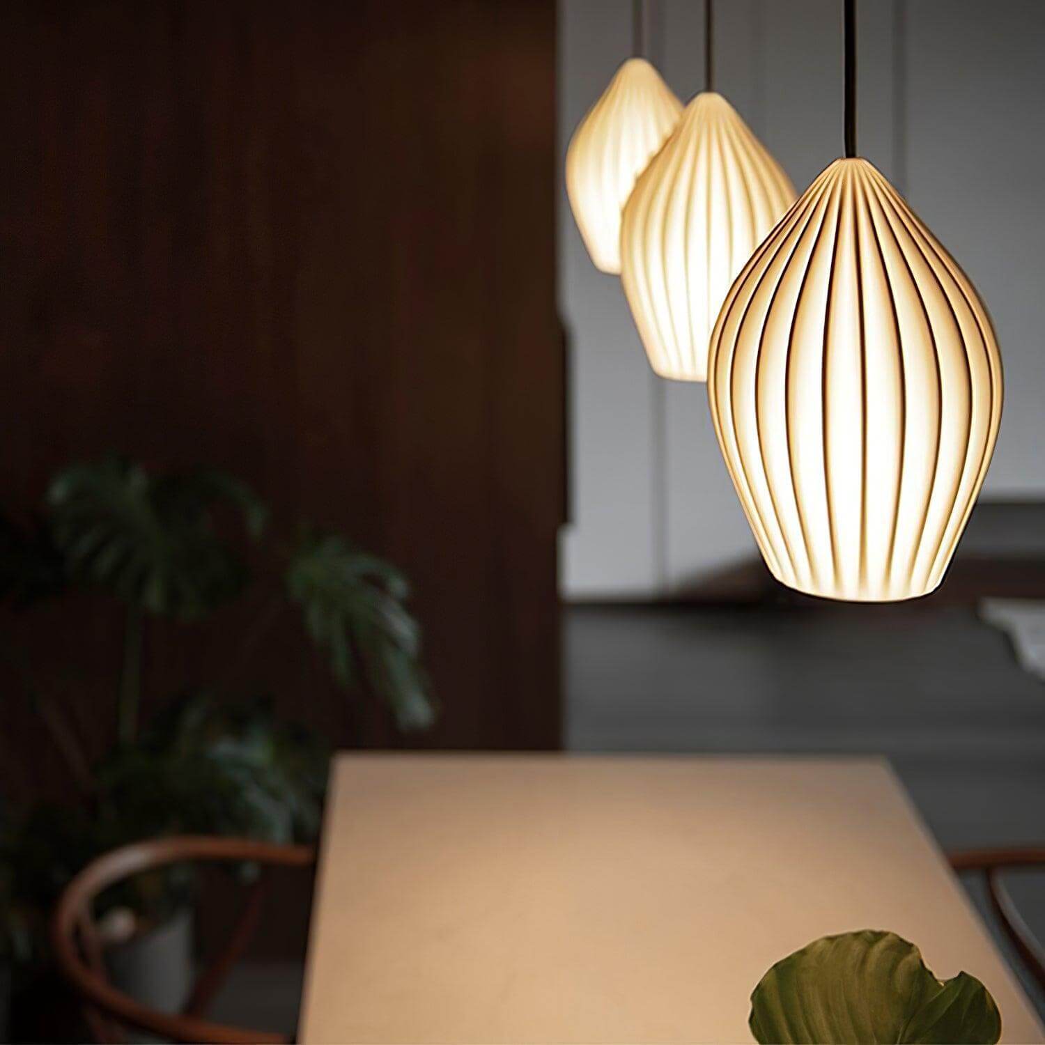 Pendant Light Ribbed Ceramic 5.1 in White Dining Room Hanging Ceiling Fixture E14 Modern Minimalist Kitchen Island Lighting | Thomler