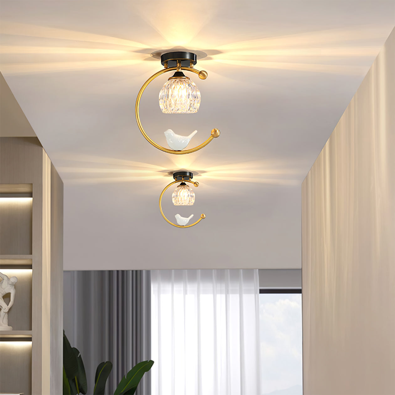 Ceiling Lamp Brass 9.1 in x 10.6 in Indoor LED Ceramic Bird Pendant Light | Thomler