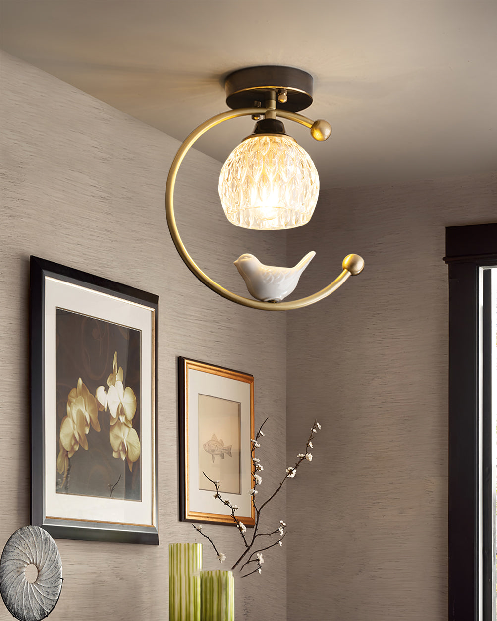 Ceiling Lamp Brass 9.1 in x 10.6 in Indoor LED Ceramic Bird Pendant Light | Thomler