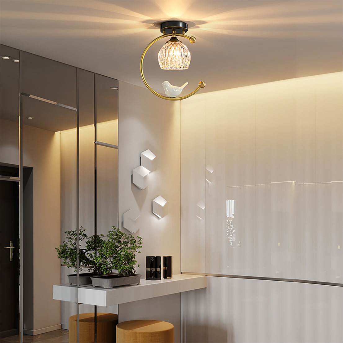 Ceiling Lamp Brass 9.1 in x 10.6 in Indoor LED Ceramic Bird Pendant Light | Thomler