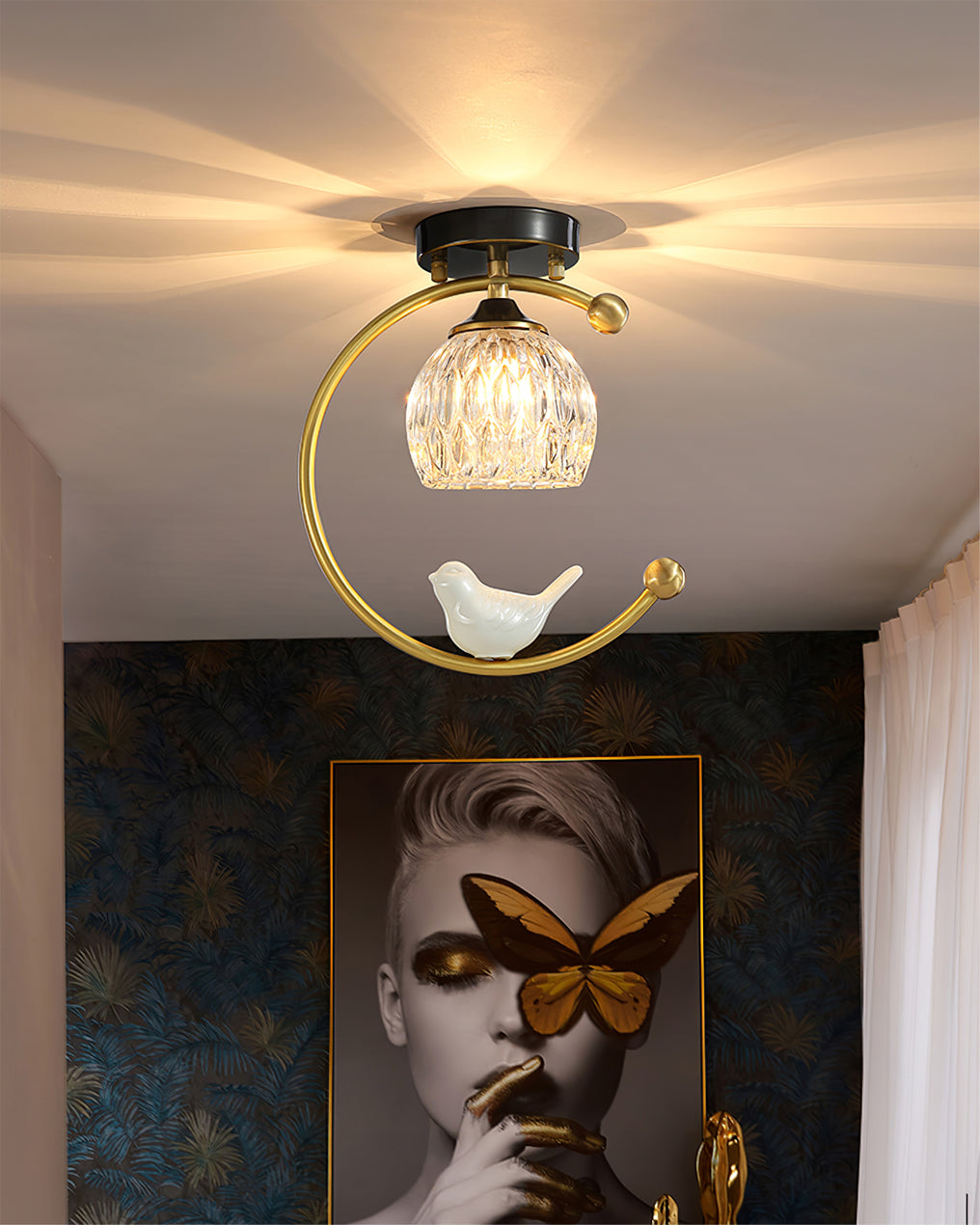 Ceiling Lamp Brass 9.1 in x 10.6 in Indoor LED Ceramic Bird Pendant Light | Thomler