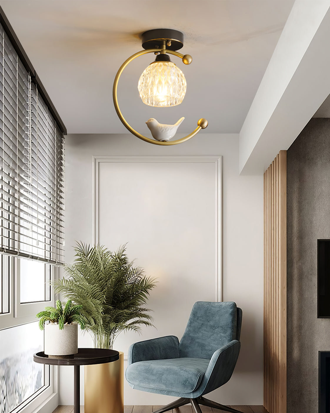 Ceiling Lamp Brass 9.1 in x 10.6 in Indoor LED Ceramic Bird Pendant Light | Thomler
