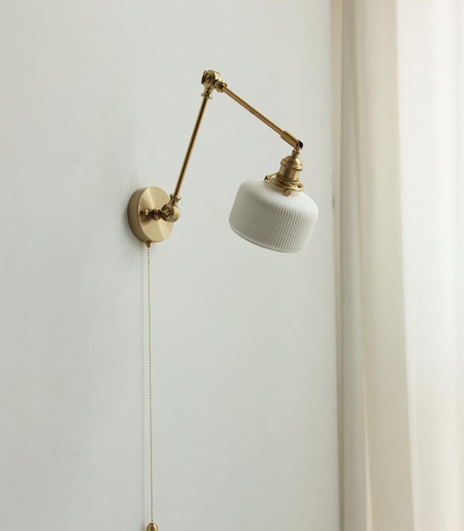 Wall Lamp Brass Adjustable Arm 7.9 in White Ceramic Shade Bedroom Reading Sconce Rotating Indoor Lighting Fixture | Thomler