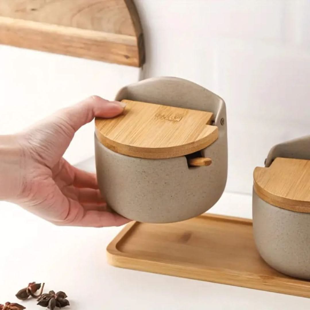 Countertop Spice Container Set with Bamboo Lids & Serving Spoons for Salt, Sugar & Seasonings | Thomler