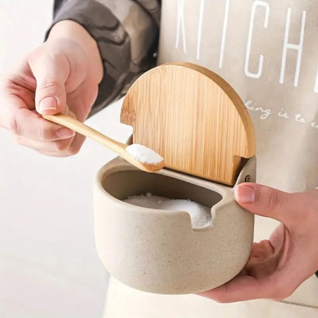 Countertop Spice Container Set with Bamboo Lids & Serving Spoons for Salt, Sugar & Seasonings | Thomler