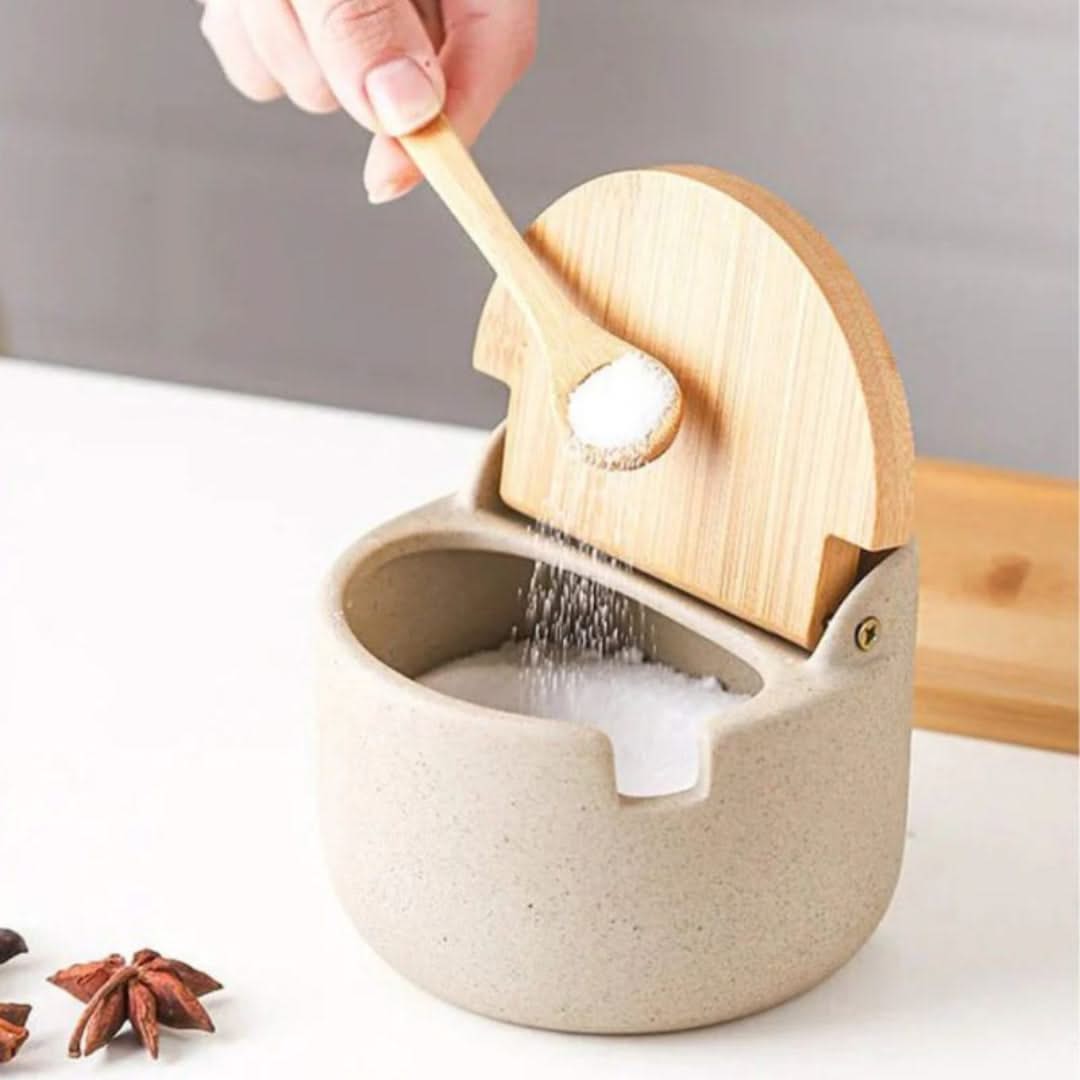 Countertop Spice Container Set with Bamboo Lids & Serving Spoons for Salt, Sugar & Seasonings | Thomler