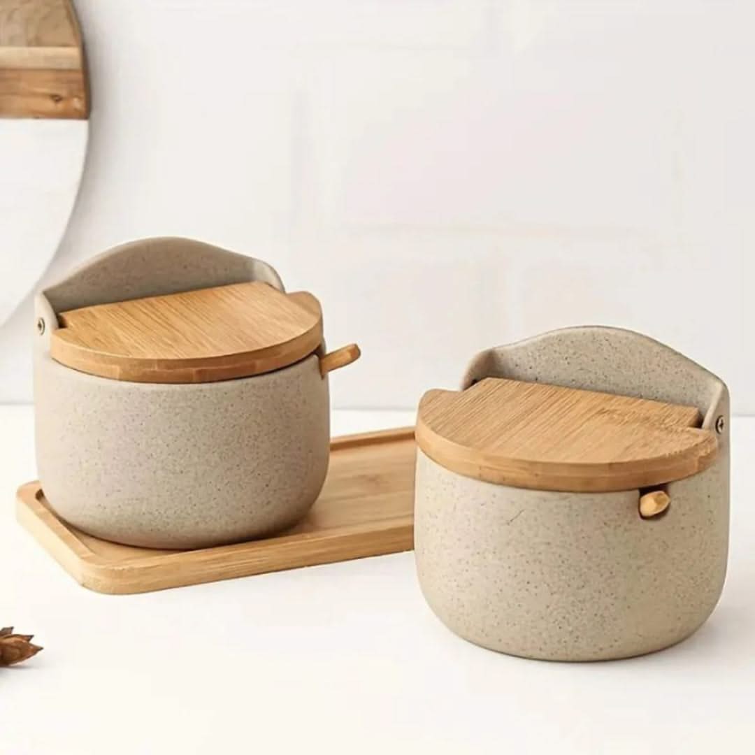 Countertop Spice Container Set with Bamboo Lids & Serving Spoons for Salt, Sugar & Seasonings | Thomler