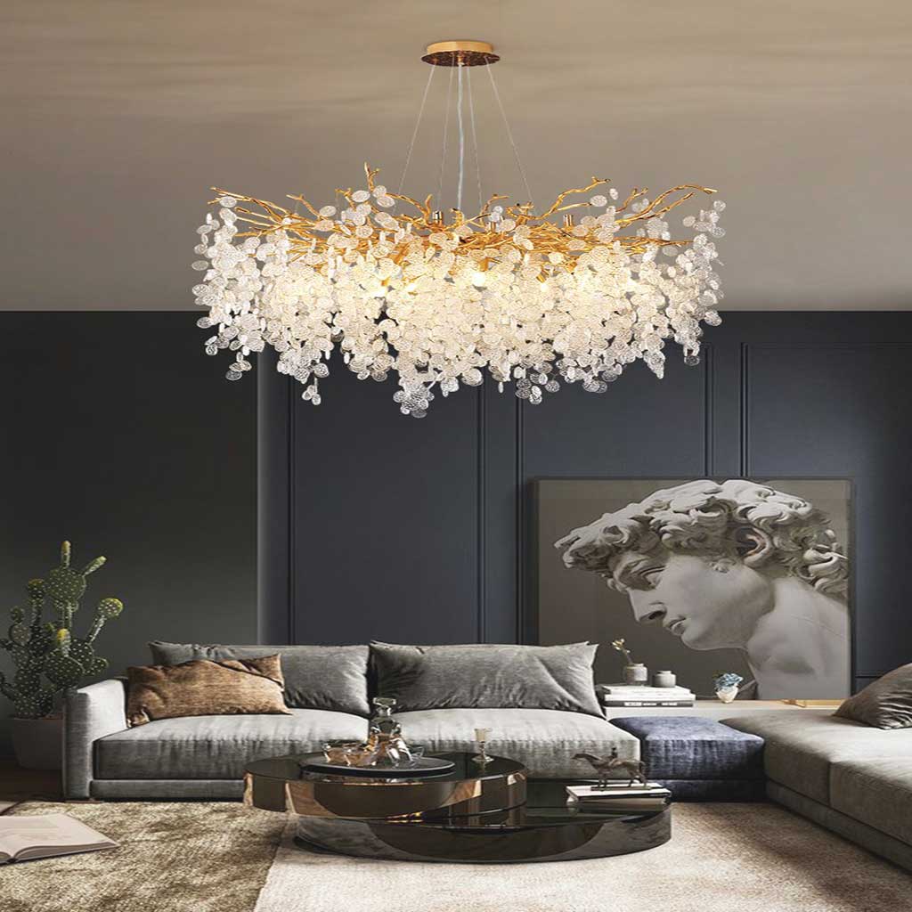 Chandelier Aluminum Glass 15.8 in Round Gold Modern Living Room Dining Lighting Fixture | Thomler