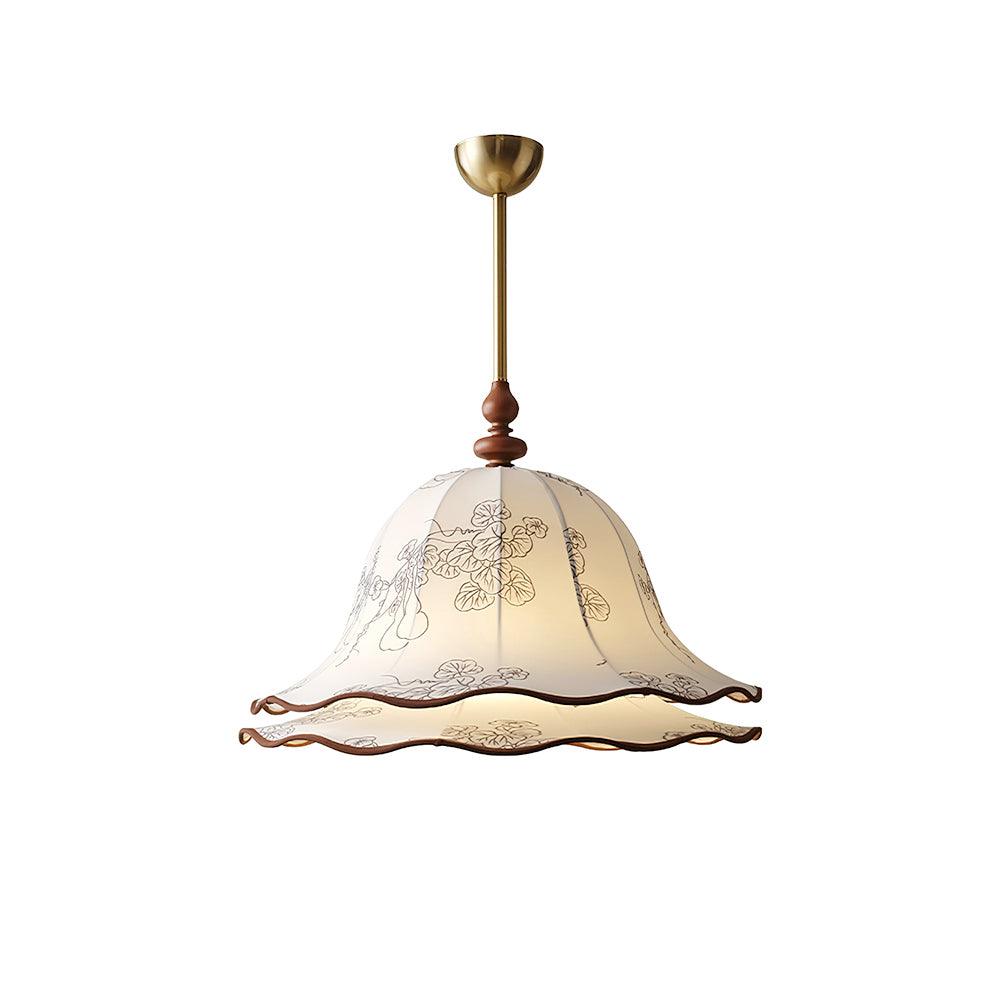 Pendant Light Wood Cloth Metal 9.8 in White Gold Wavy Floral Shade Dining Kitchen Vintage | Thomler