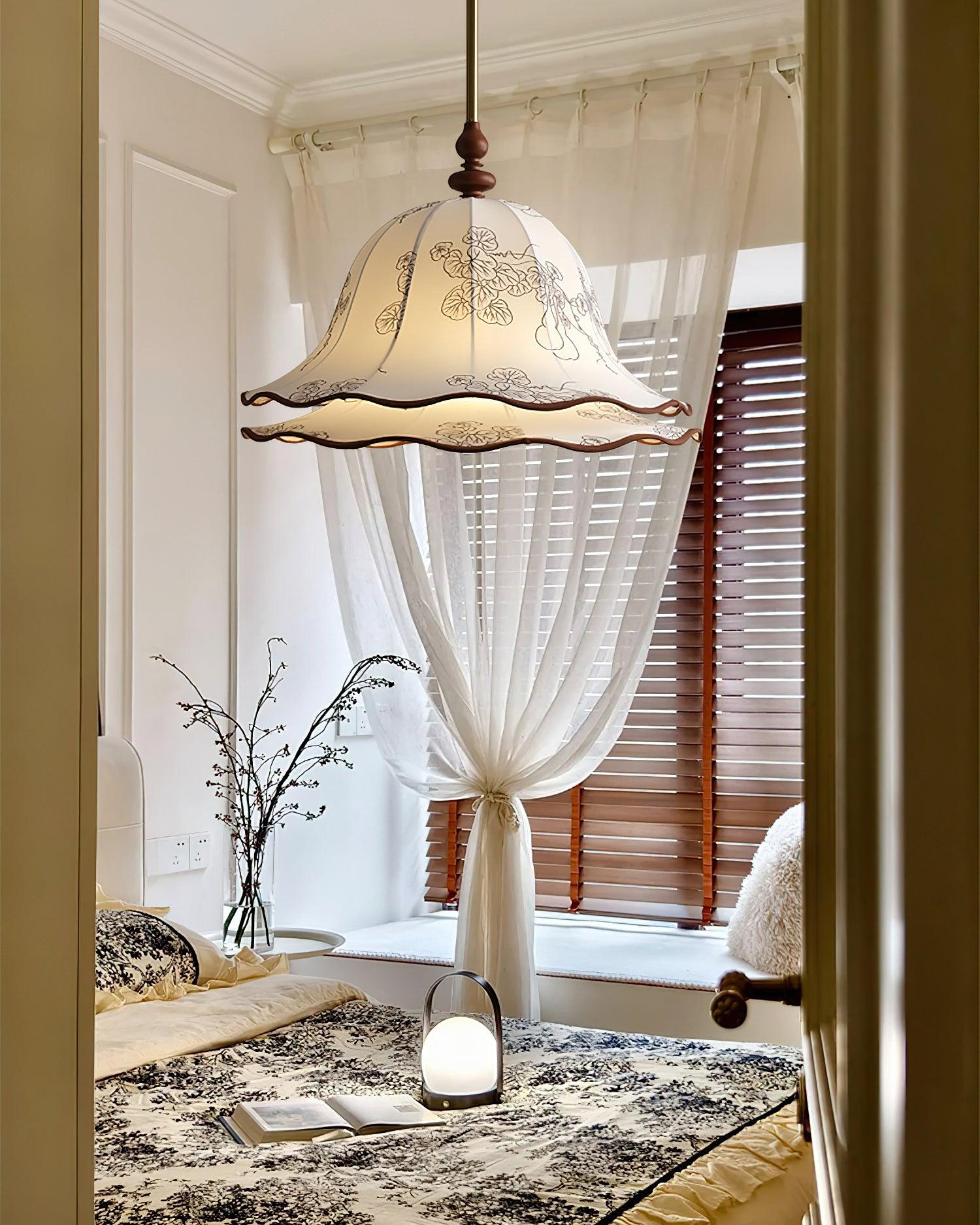 Pendant Light Wood Cloth Metal 9.8 in White Gold Wavy Floral Shade Dining Kitchen Vintage | Thomler